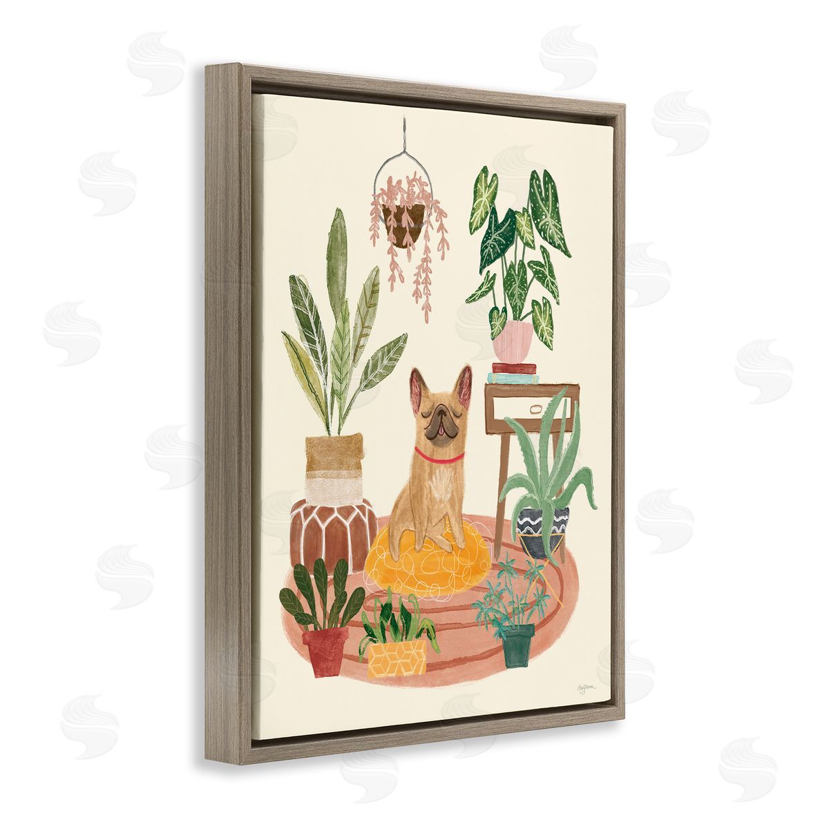 Pug Dog with Plants Brown Floating Frame Canvas Wall Art, Home Decor by Mary Urban