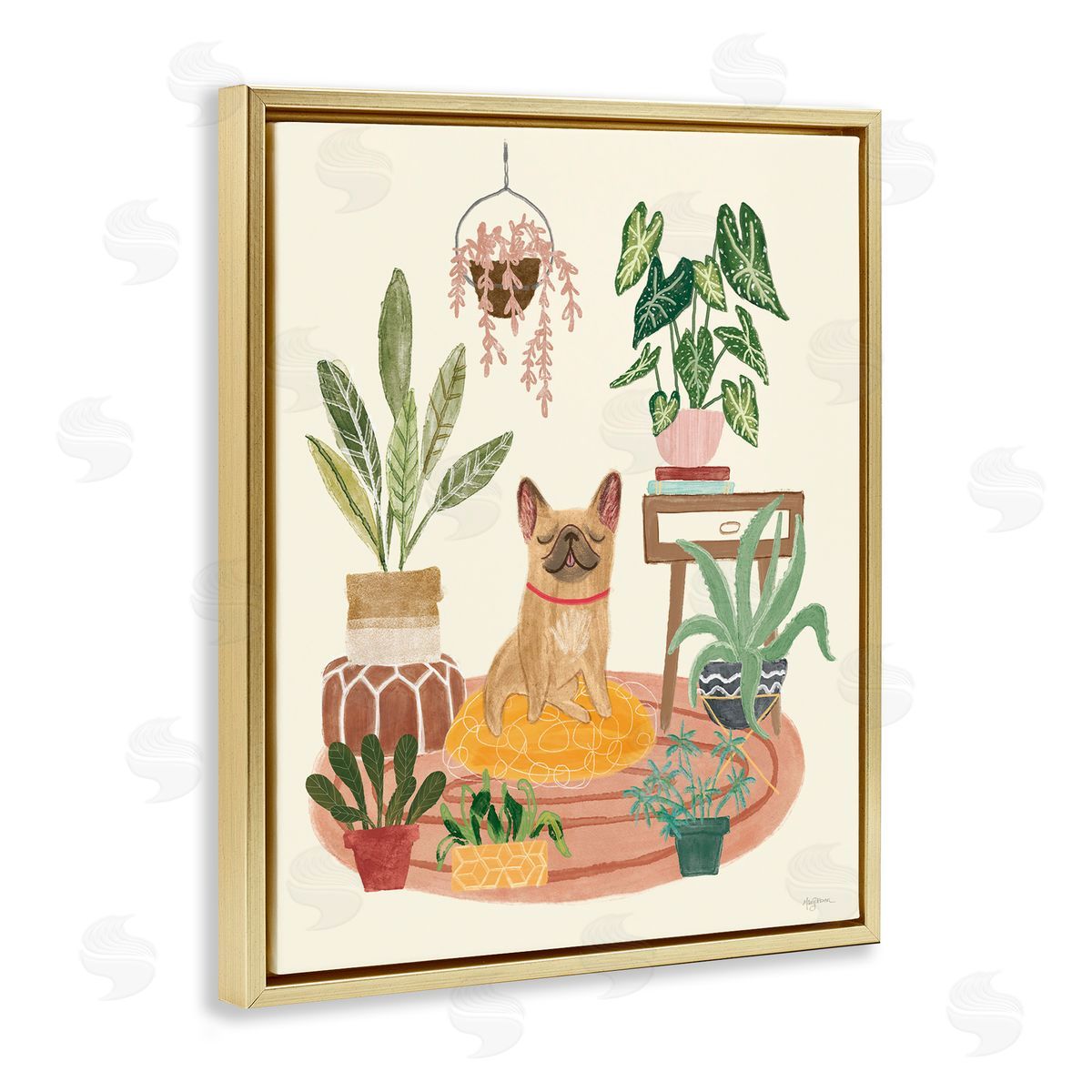 Pug Dog with Plants Gold Floating Frame Canvas Wall Art, Home Decor by Mary Urban