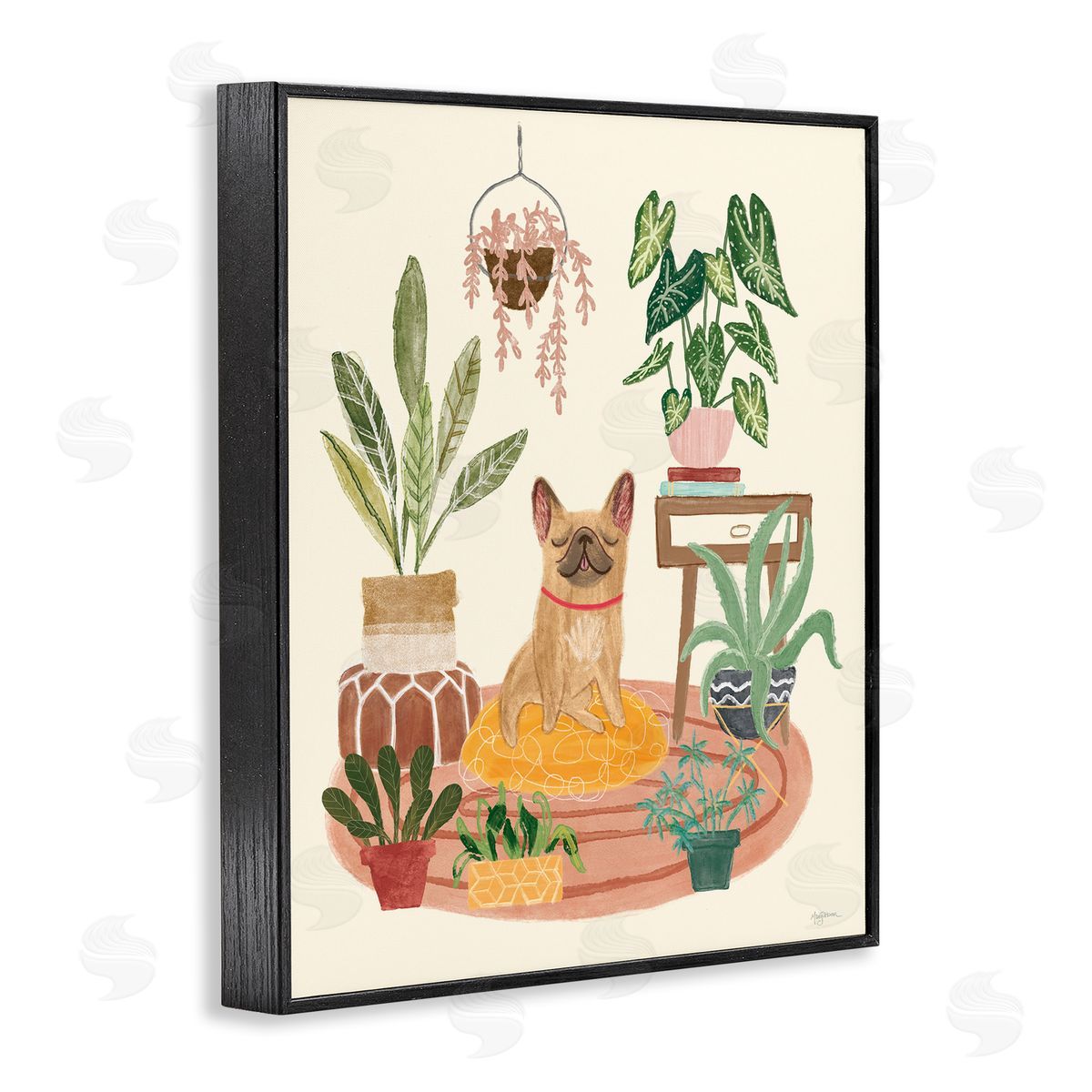 Pug Dog with Plants Black Frame Print Wall Art, Home Decor by Mary Urban