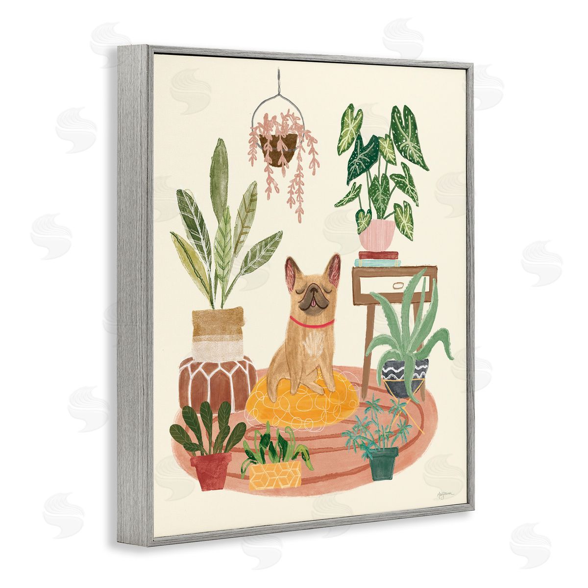 Pug Dog with Plants Grey Frame Print Wall Art, Home Decor by Mary Urban