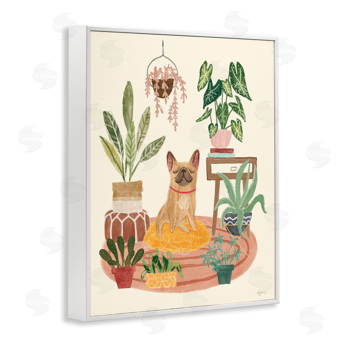Pug Dog with Plants White Frame Print Wall Art, Home Decor by Mary Urban