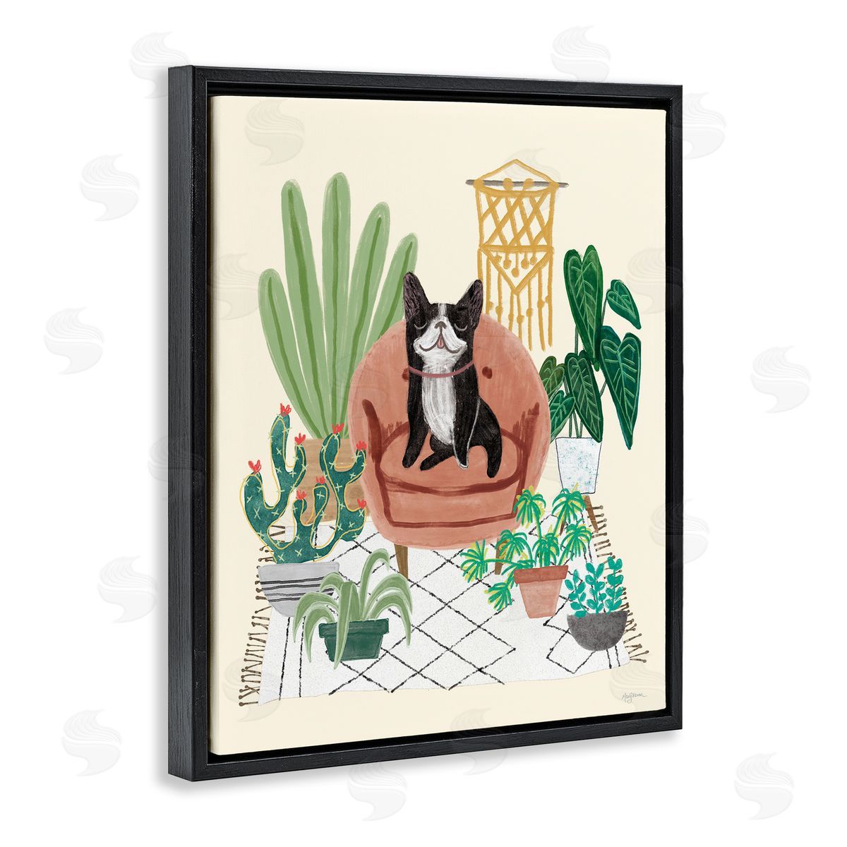 French Bulldog and Plants Black Floating Frame Canvas Wall Art, Home Decor by Mary Urban