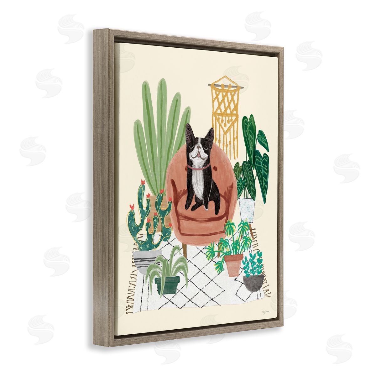 French Bulldog and Plants Brown Floating Frame Canvas Wall Art, Home Decor by Mary Urban