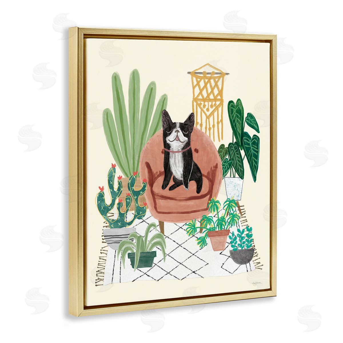 French Bulldog and Plants Gold Floating Frame Canvas Wall Art, Home Decor by Mary Urban