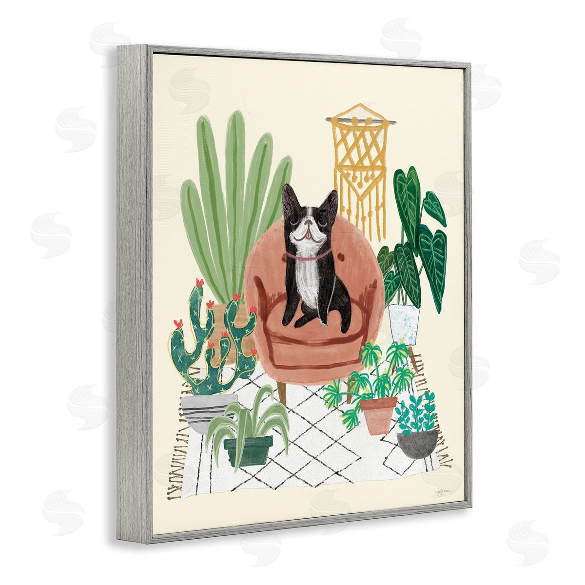 French Bulldog and Plants Grey Frame Print Wall Art, Home Decor by Mary Urban