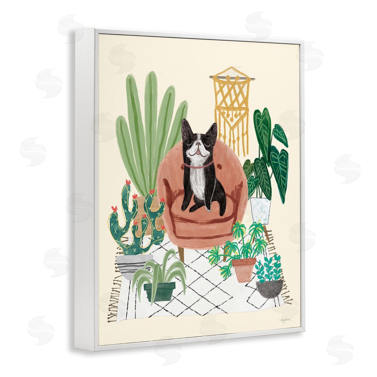 French Bulldog and Plants White Frame Print Wall Art, Home Decor by Mary Urban