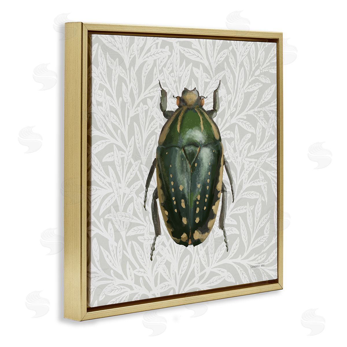 Beetle with Botanical Pattern Gold Floating Frame Canvas Wall Art, Home Decor by Danhui Nai