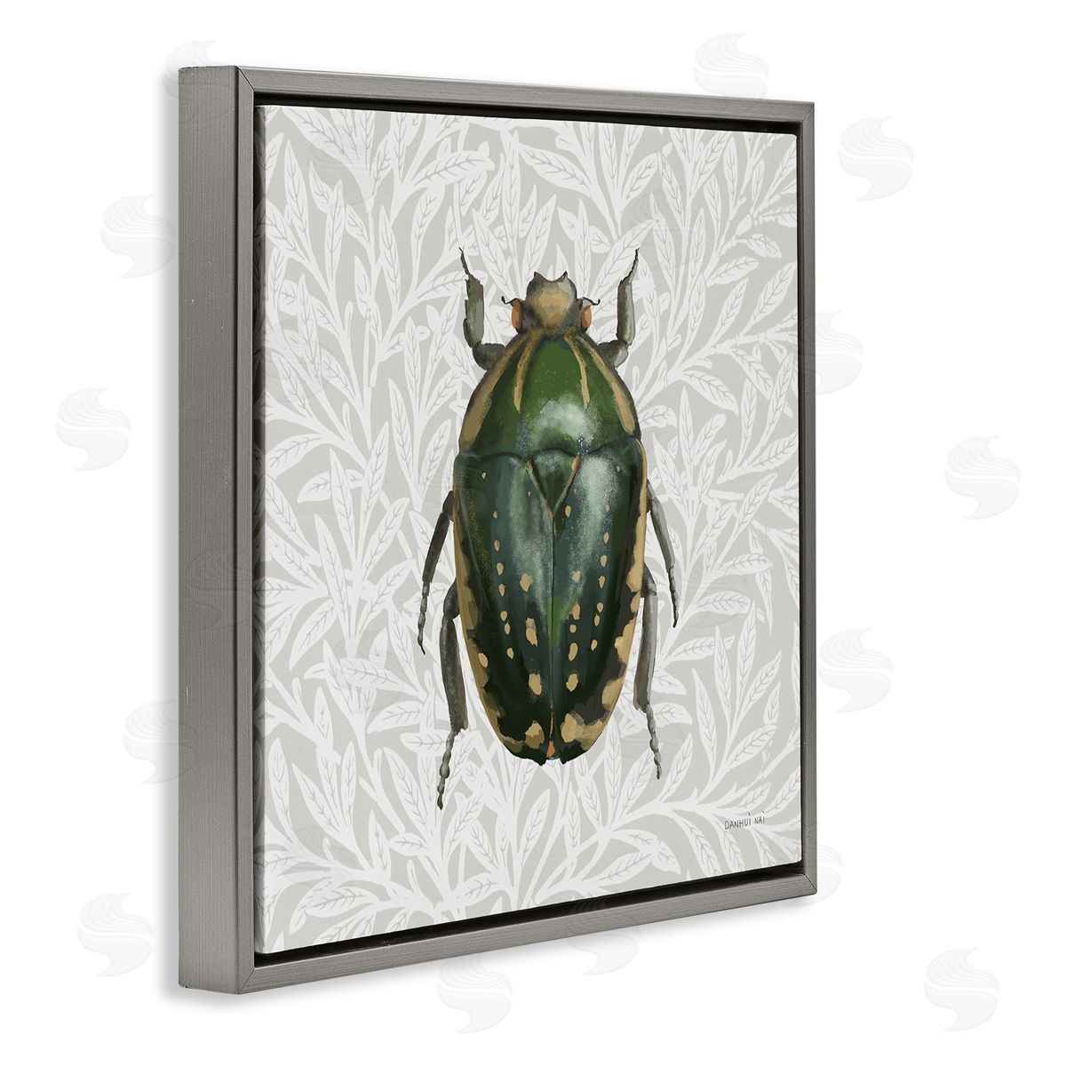 Beetle with Botanical Pattern Grey Floating Frame Canvas Wall Art, Home Decor by Danhui Nai