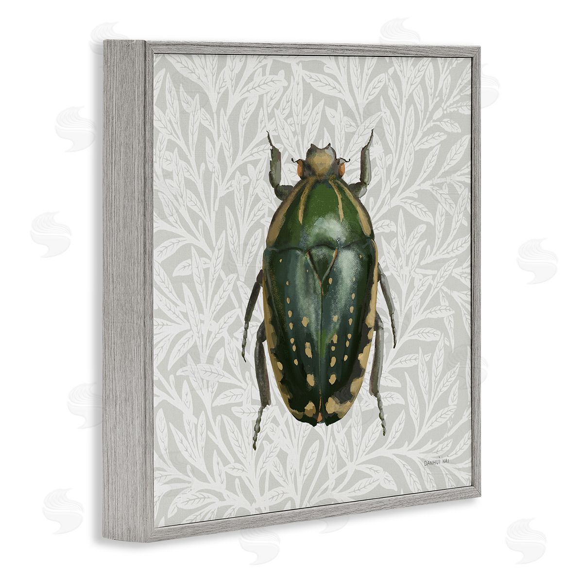 Beetle with Botanical Pattern Grey Frame Print Wall Art, Home Decor by Danhui Nai