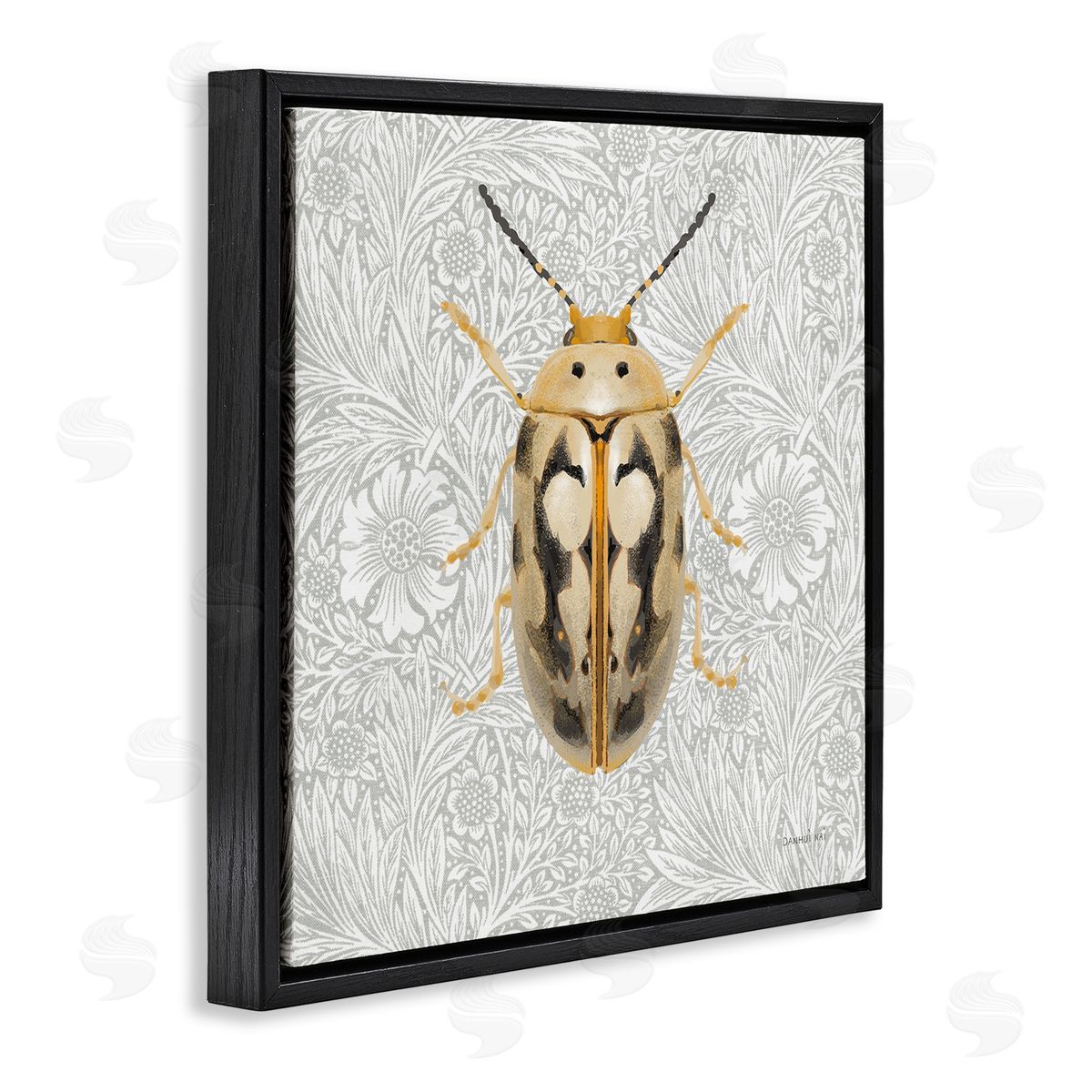 Vintage Beetle Floral Pattern Black Floating Frame Canvas Wall Art, Home Decor by Danhui Nai