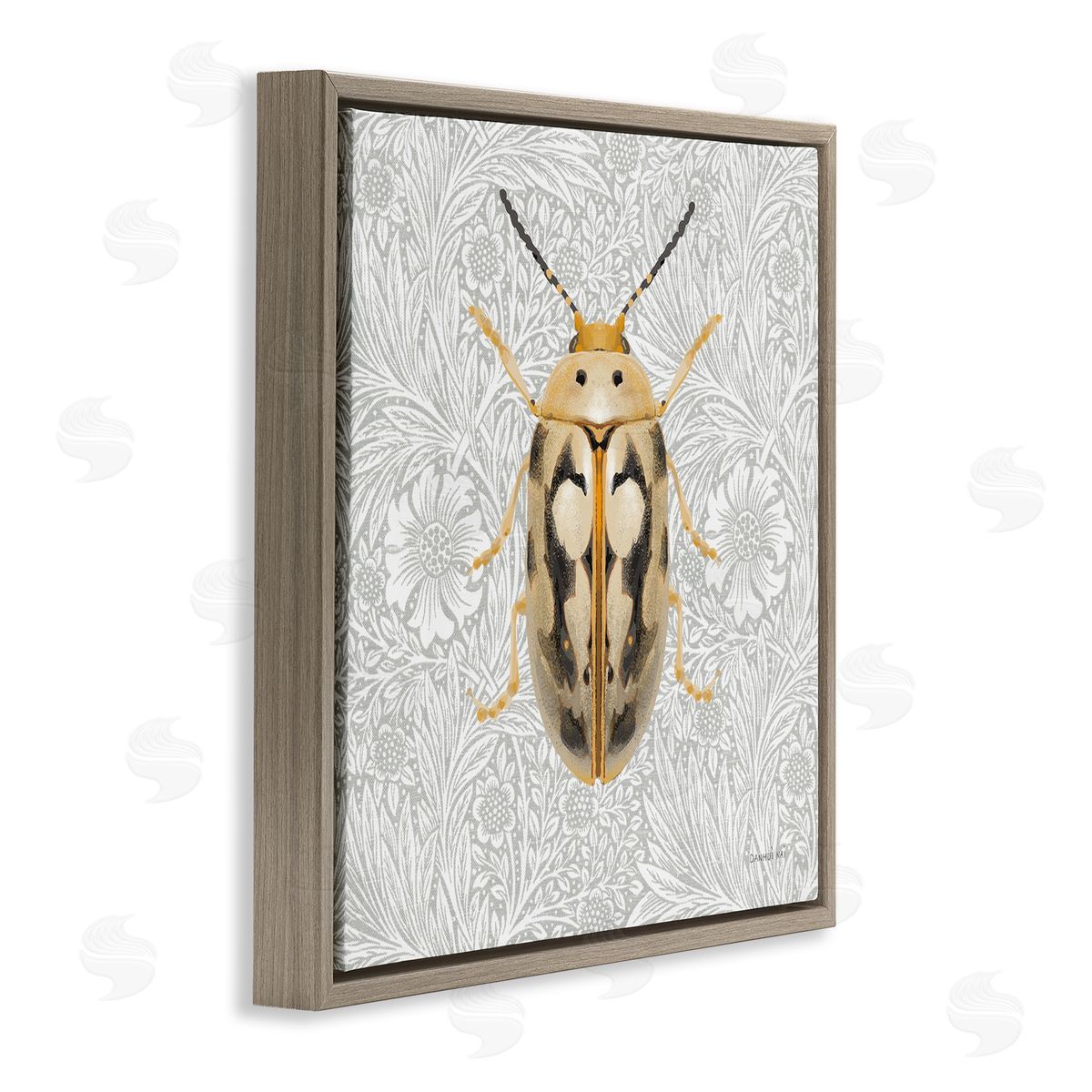 Vintage Beetle Floral Pattern Brown Floating Frame Canvas Wall Art, Home Decor by Danhui Nai