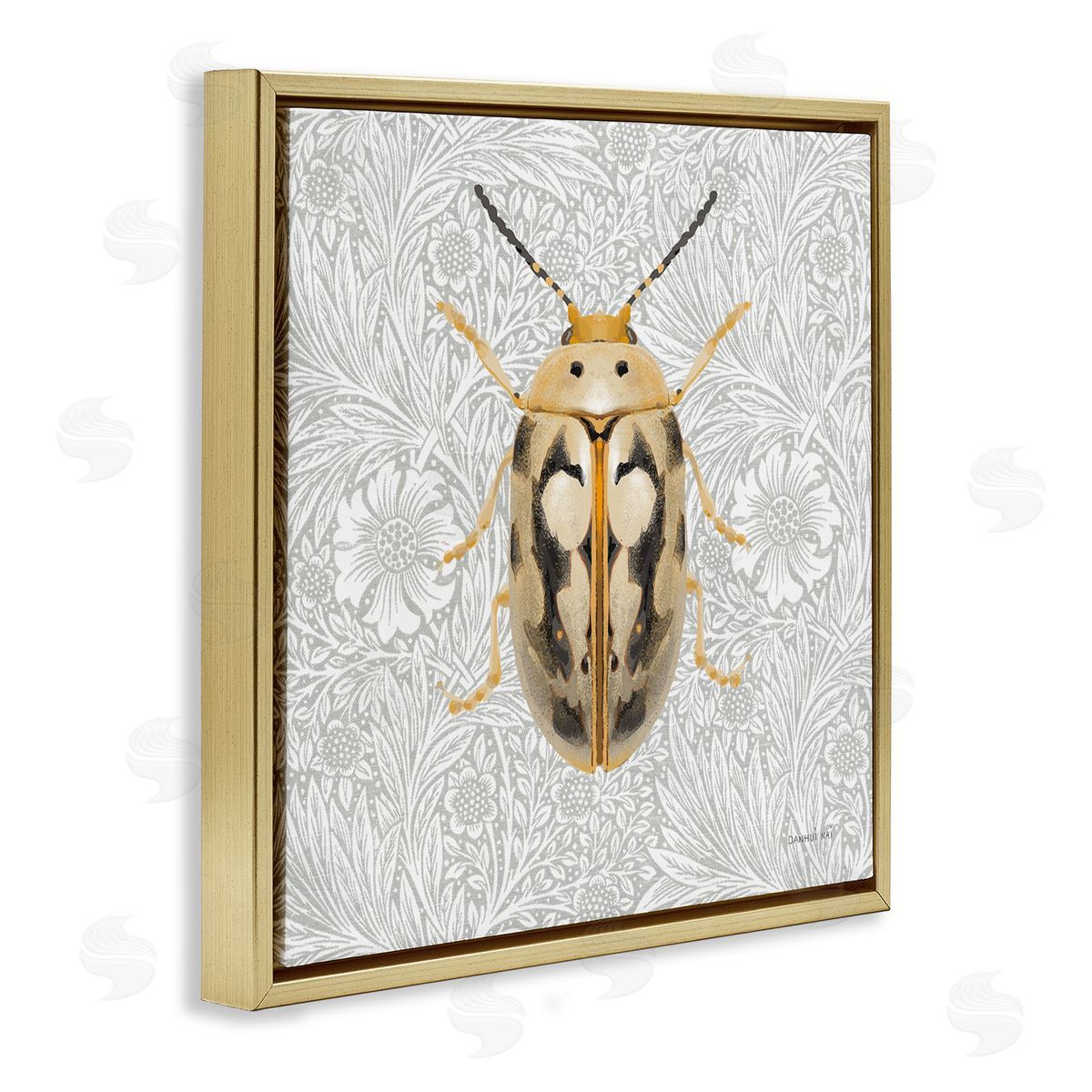 Vintage Beetle Floral Pattern Gold Floating Frame Canvas Wall Art, Home Decor by Danhui Nai