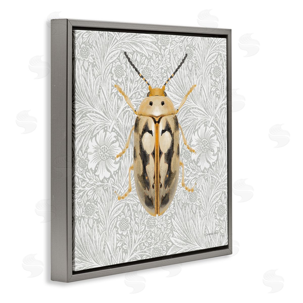Vintage Beetle Floral Pattern Grey Floating Frame Canvas Wall Art, Home Decor by Danhui Nai