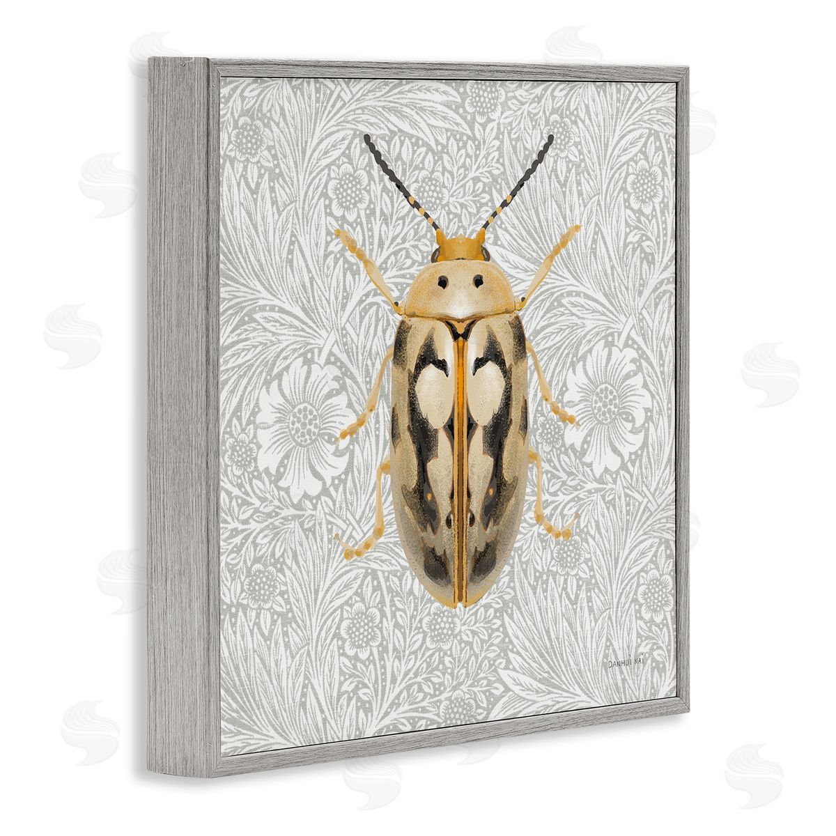 Vintage Beetle Floral Pattern Grey Frame Print Wall Art, Home Decor by Danhui Nai