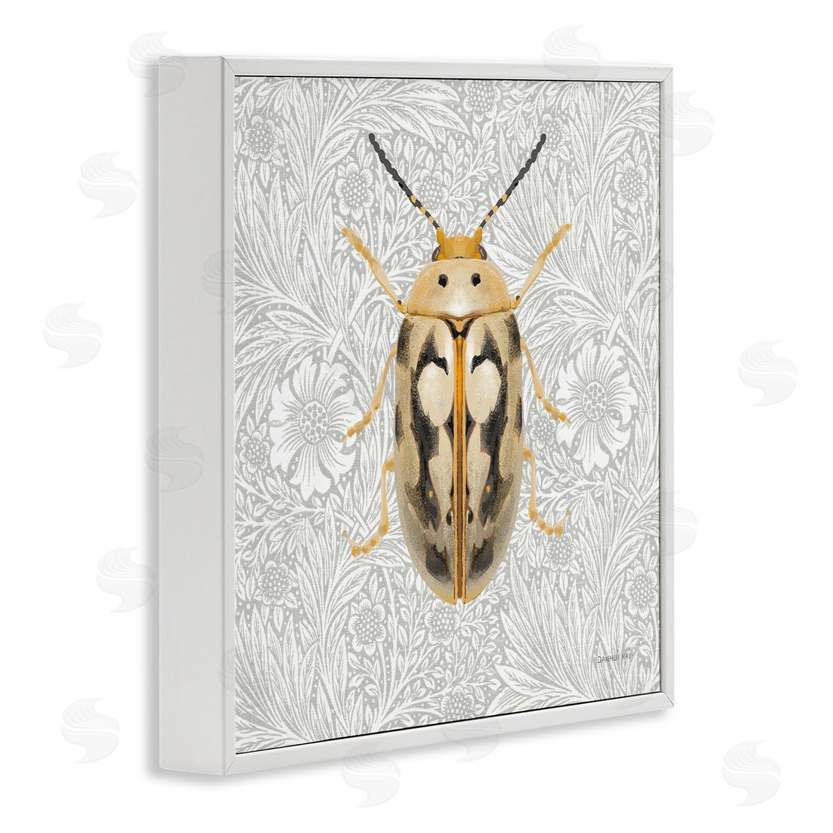 Vintage Beetle Floral Pattern White Frame Print Wall Art, Home Decor by Danhui Nai