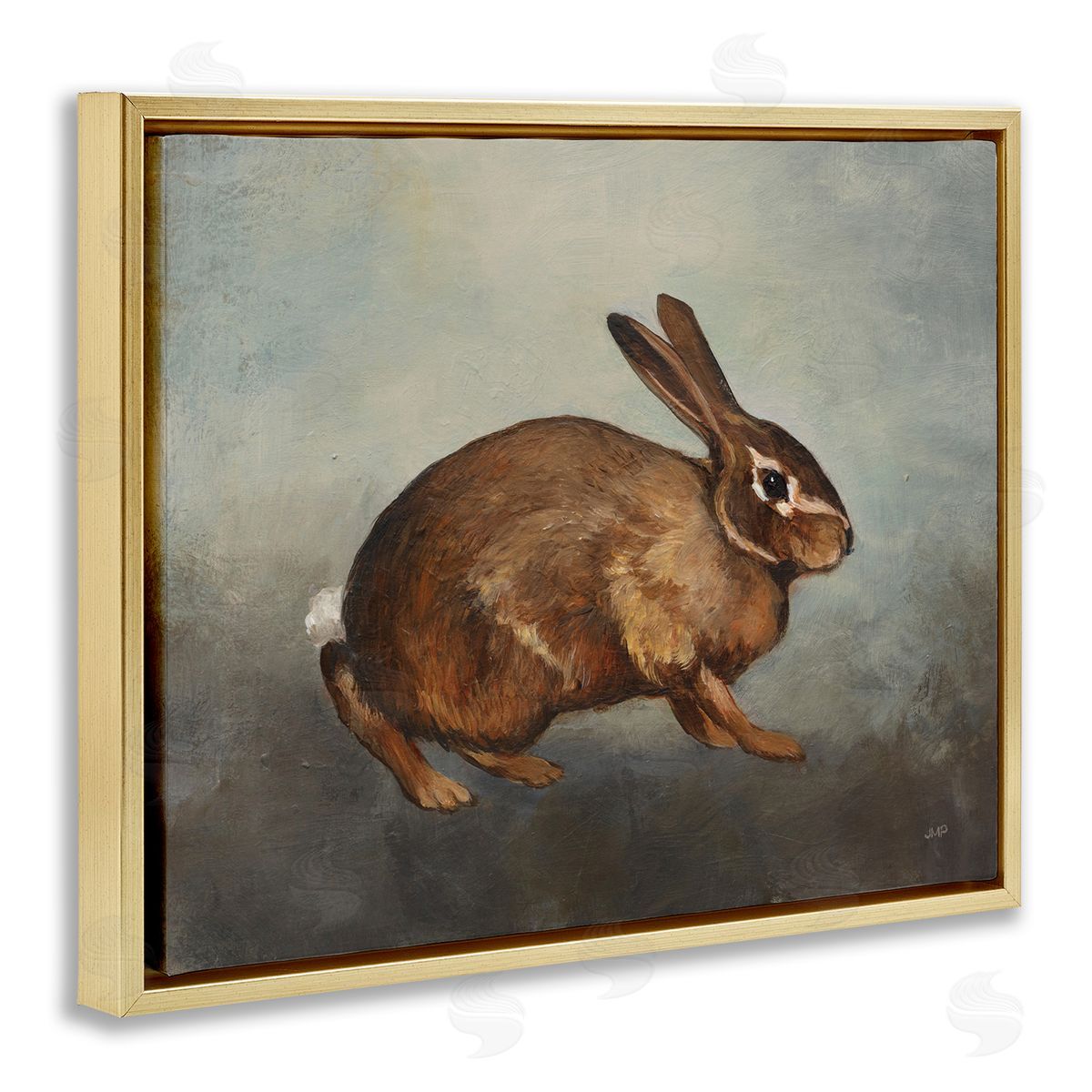 Brown Rabbit on Grey Gold Floating Frame Canvas Wall Art, Home Decor by Julia Purinton