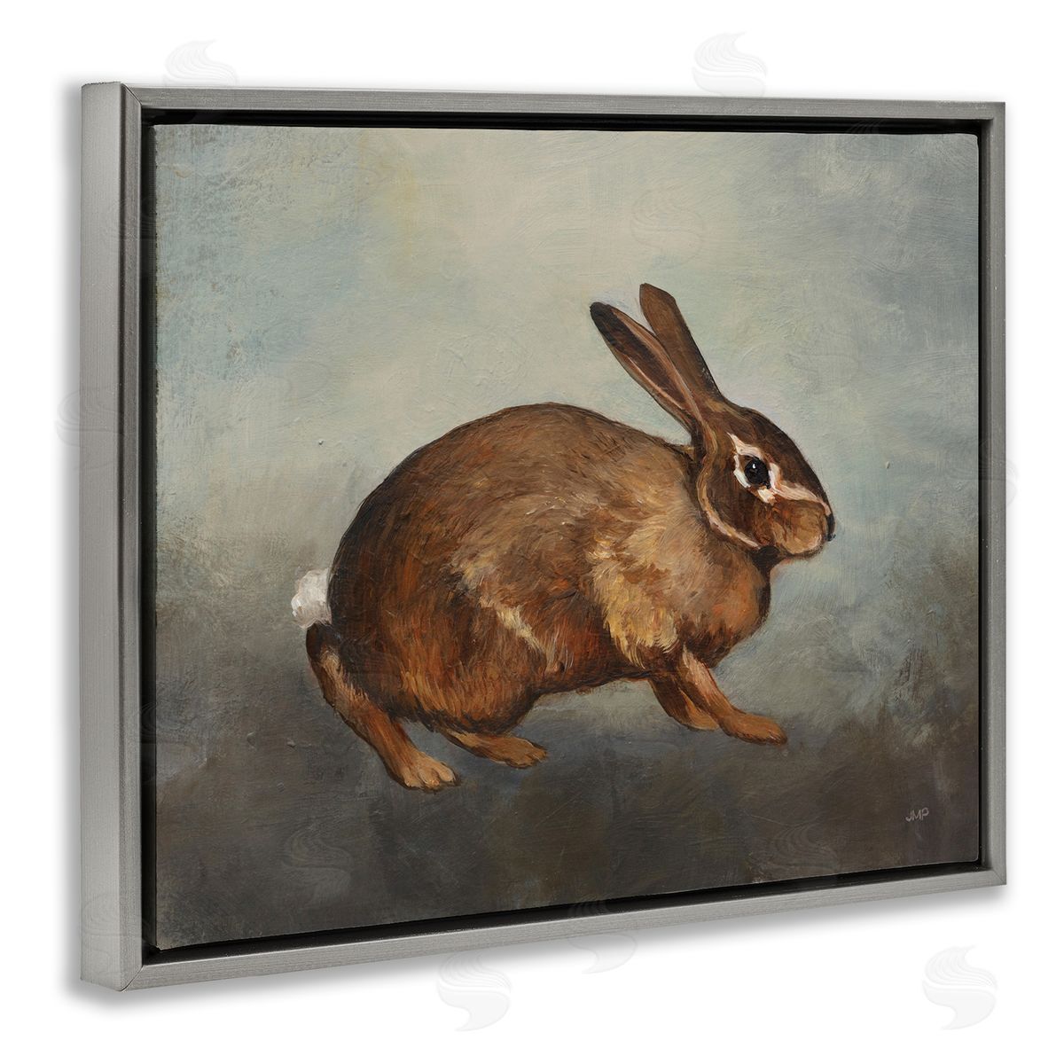 Brown Rabbit on Grey Grey Floating Frame Canvas Wall Art, Home Decor by Julia Purinton