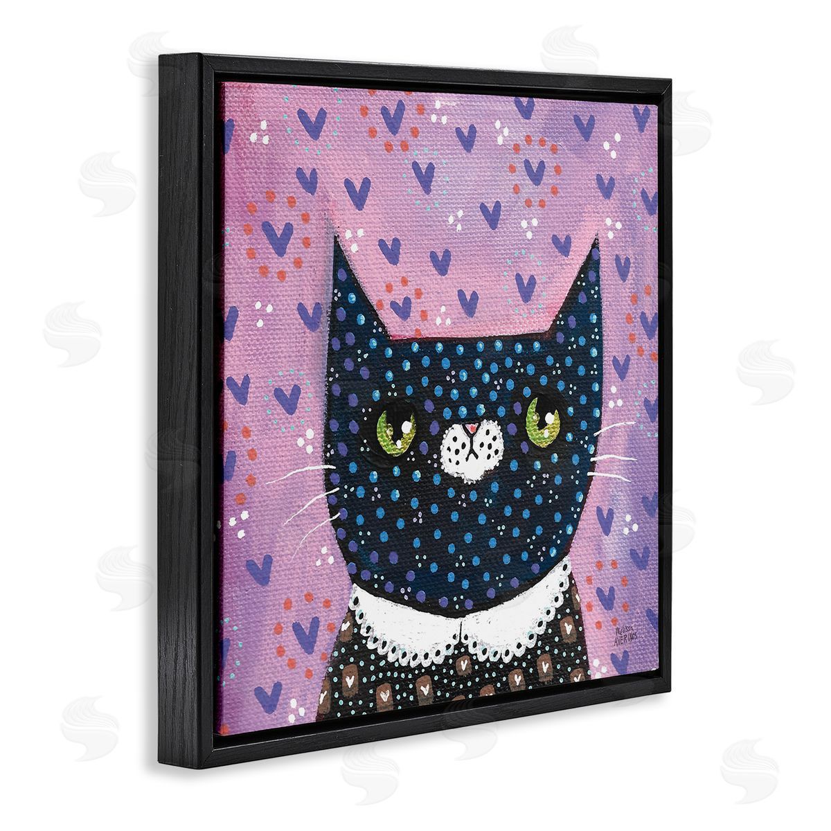 Whimsical Patterned Cat Black Floating Frame Canvas Wall Art, Home Decor by Melissa Averinos