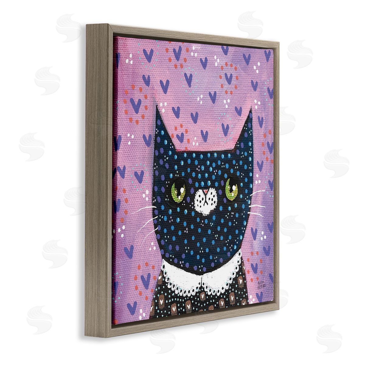 Whimsical Patterned Cat Brown Floating Frame Canvas Wall Art, Home Decor by Melissa Averinos