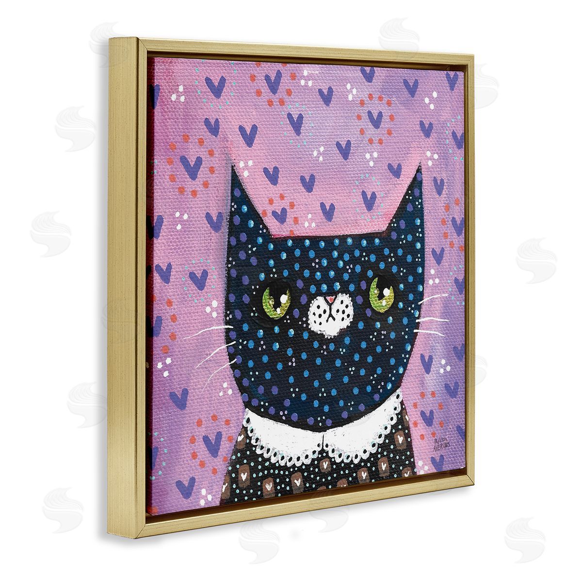 Whimsical Patterned Cat Gold Floating Frame Canvas Wall Art, Home Decor by Melissa Averinos