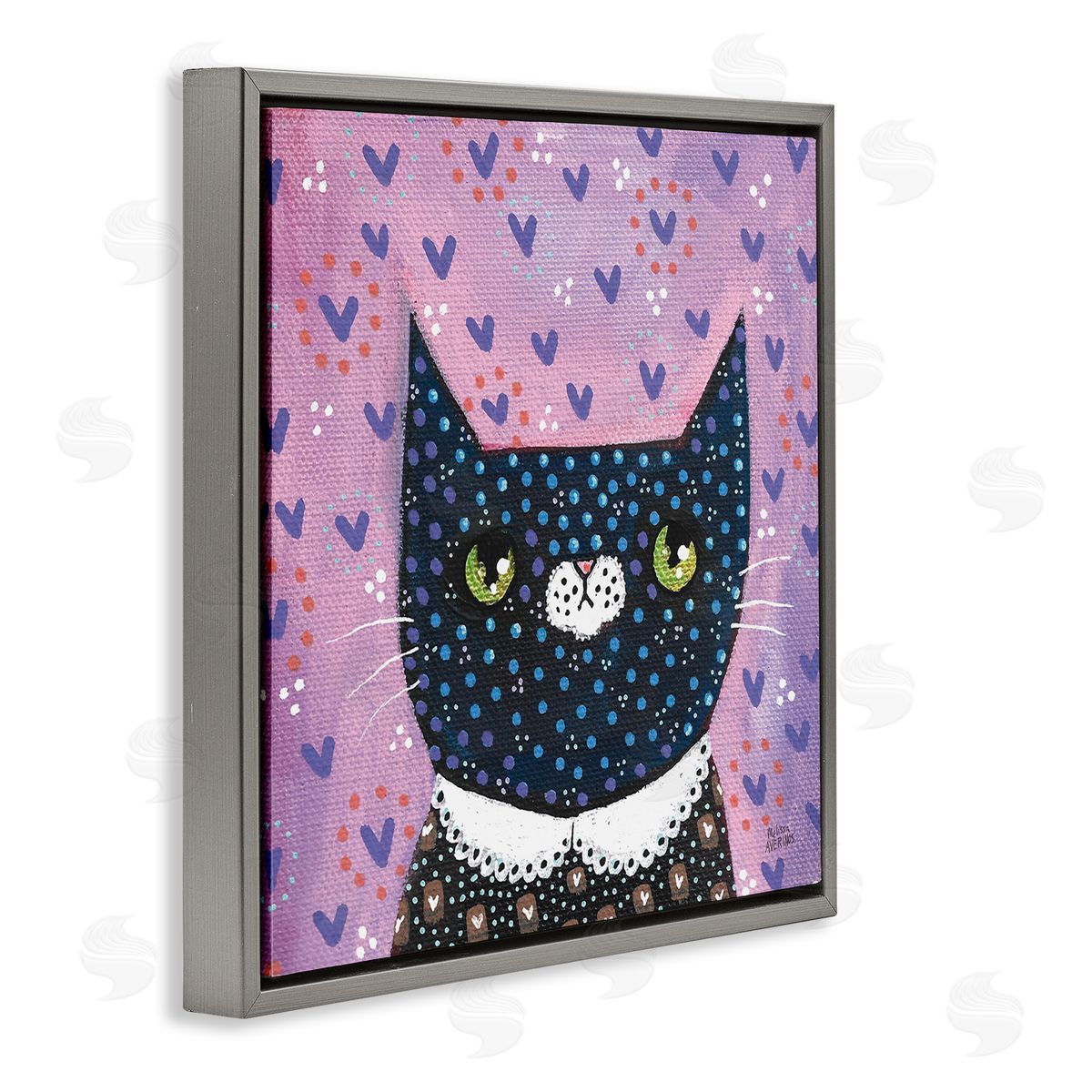 Whimsical Patterned Cat Grey Floating Frame Canvas Wall Art, Home Decor by Melissa Averinos