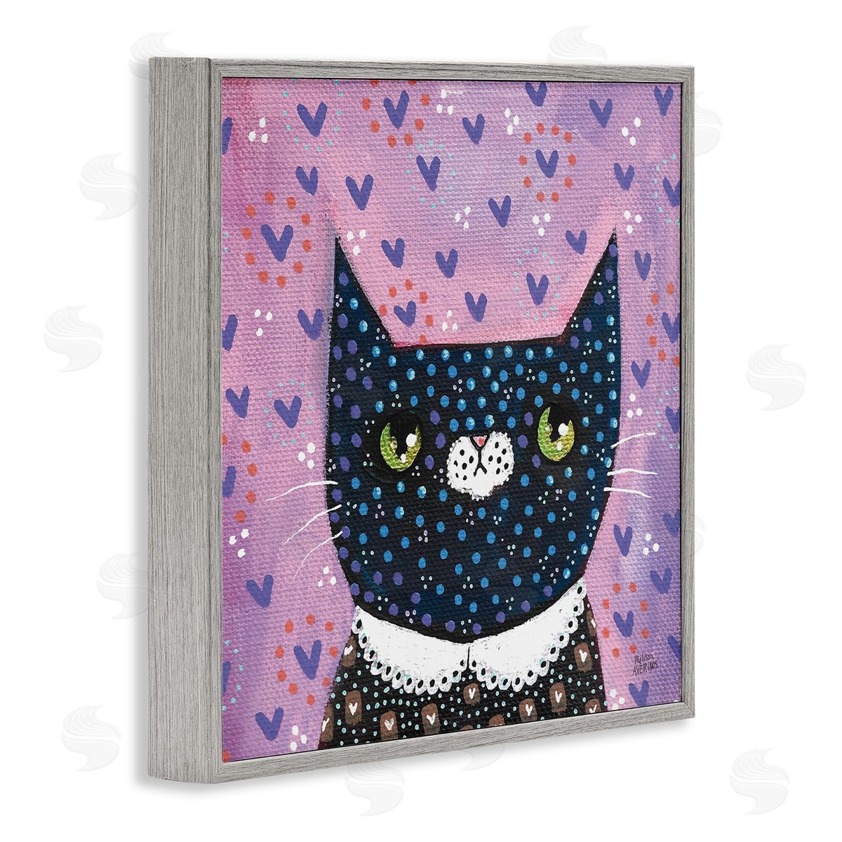 Whimsical Patterned Cat Grey Frame Print Wall Art, Home Decor by Melissa Averinos