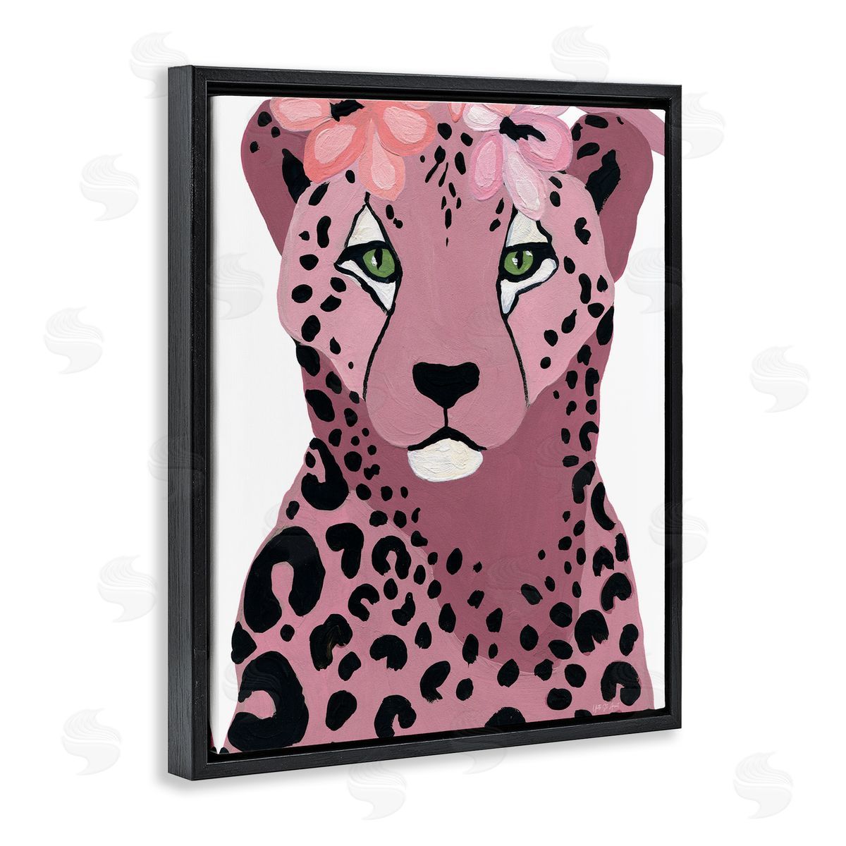 Cheetah with Pink Blossoms Black Floating Frame Canvas Wall Art, Home Decor by Yvette St. Amant