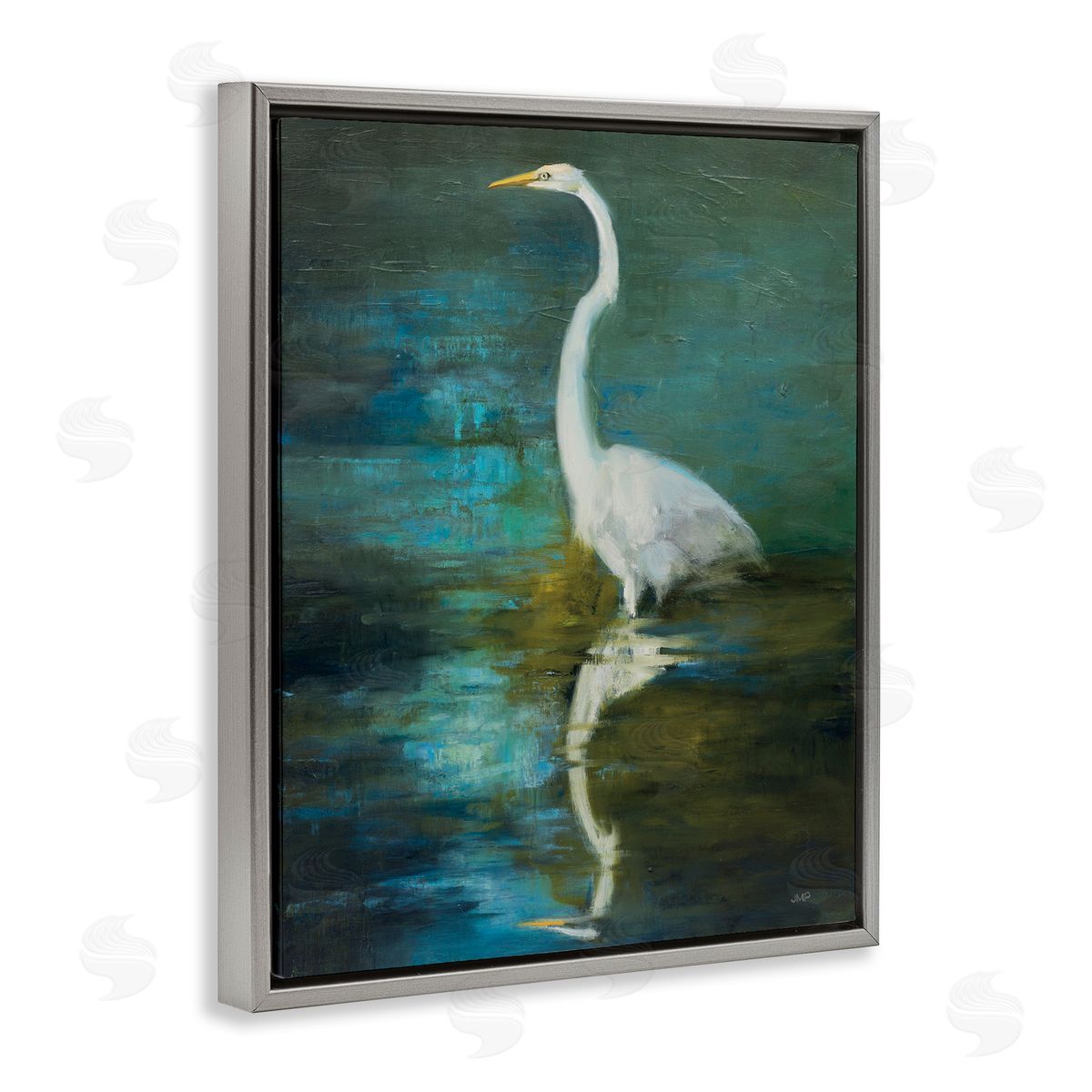 Nautical Bird Lake Reflection Grey Floating Frame Canvas Wall Art, Home Decor by Julia Purinton