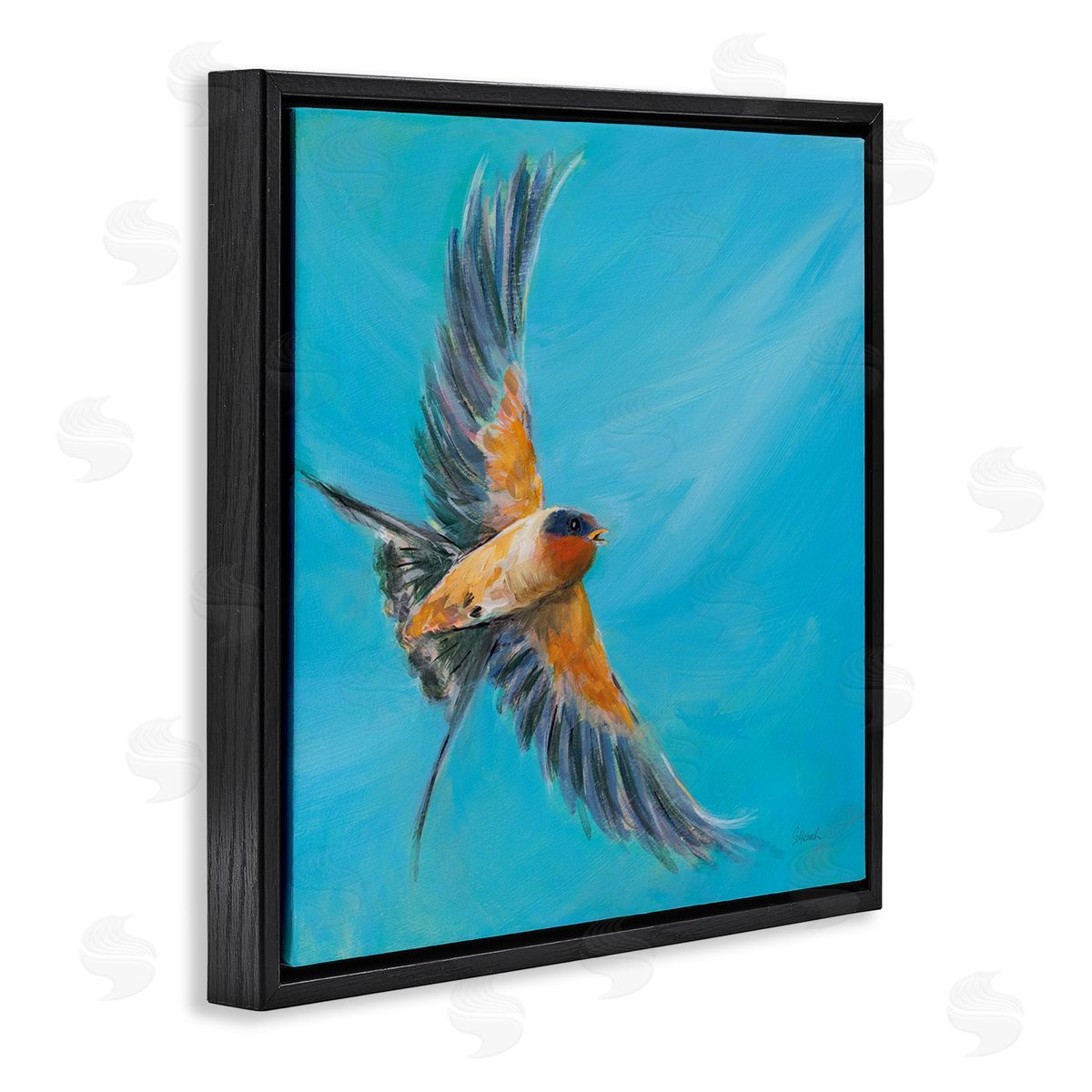 Soaring Bird on Blue Black Floating Frame Canvas Wall Art, Home Decor by Sue Schlabach