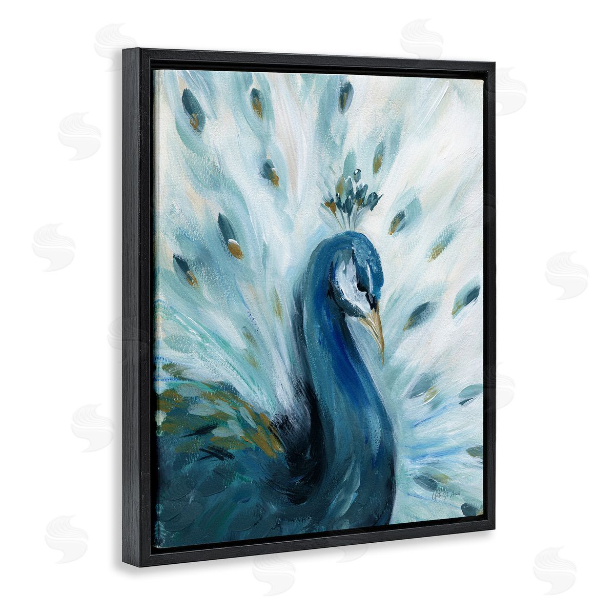 Elegant Peacock Painting Black Floating Frame Canvas Wall Art, Home Decor by Yvette St. Amant