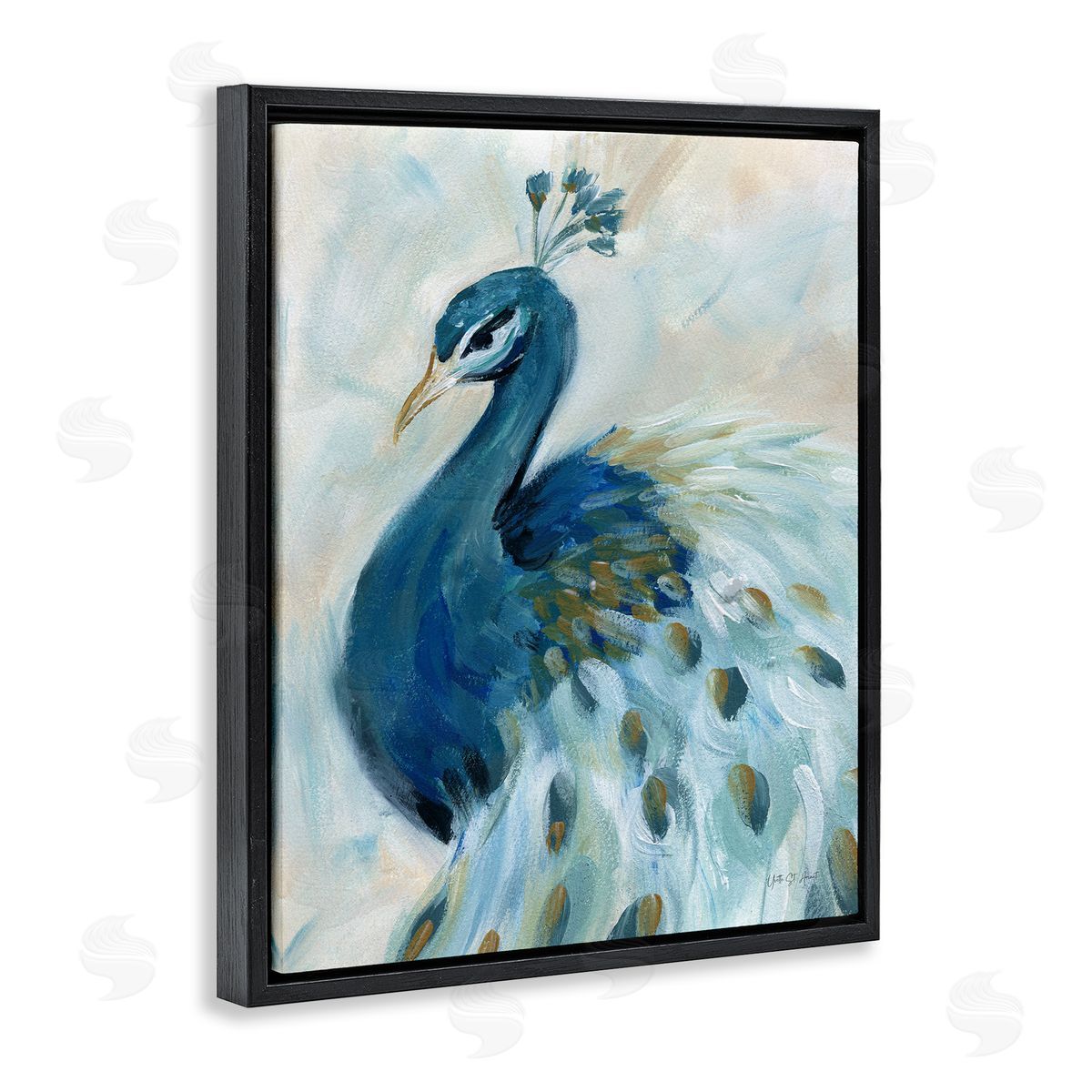 Elegant Blue Peacock Black Floating Frame Canvas Wall Art, Home Decor by Yvette St. Amant