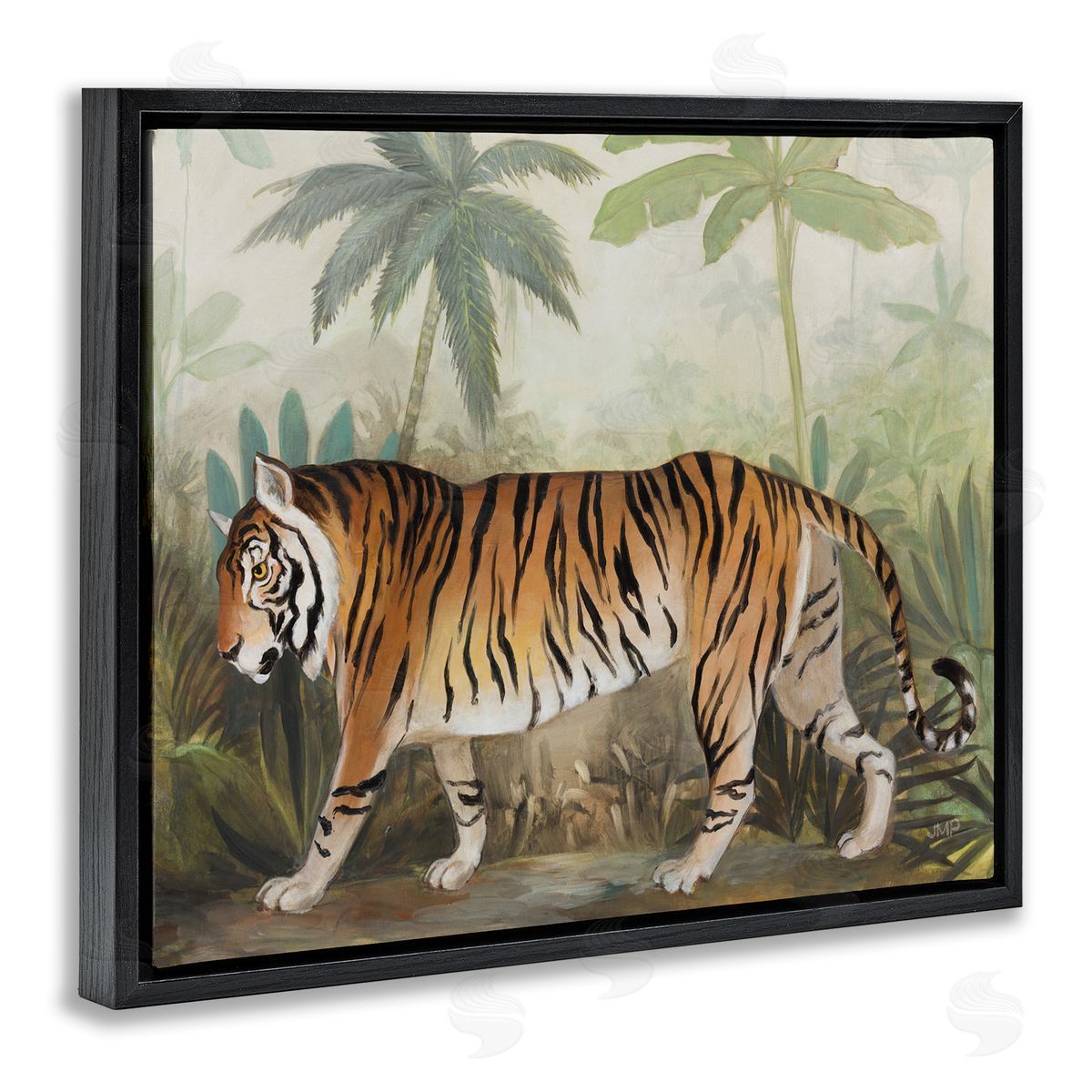 Prowling Tiger in Forest Black Floating Frame Canvas Wall Art, Home Decor by Julia Purinton