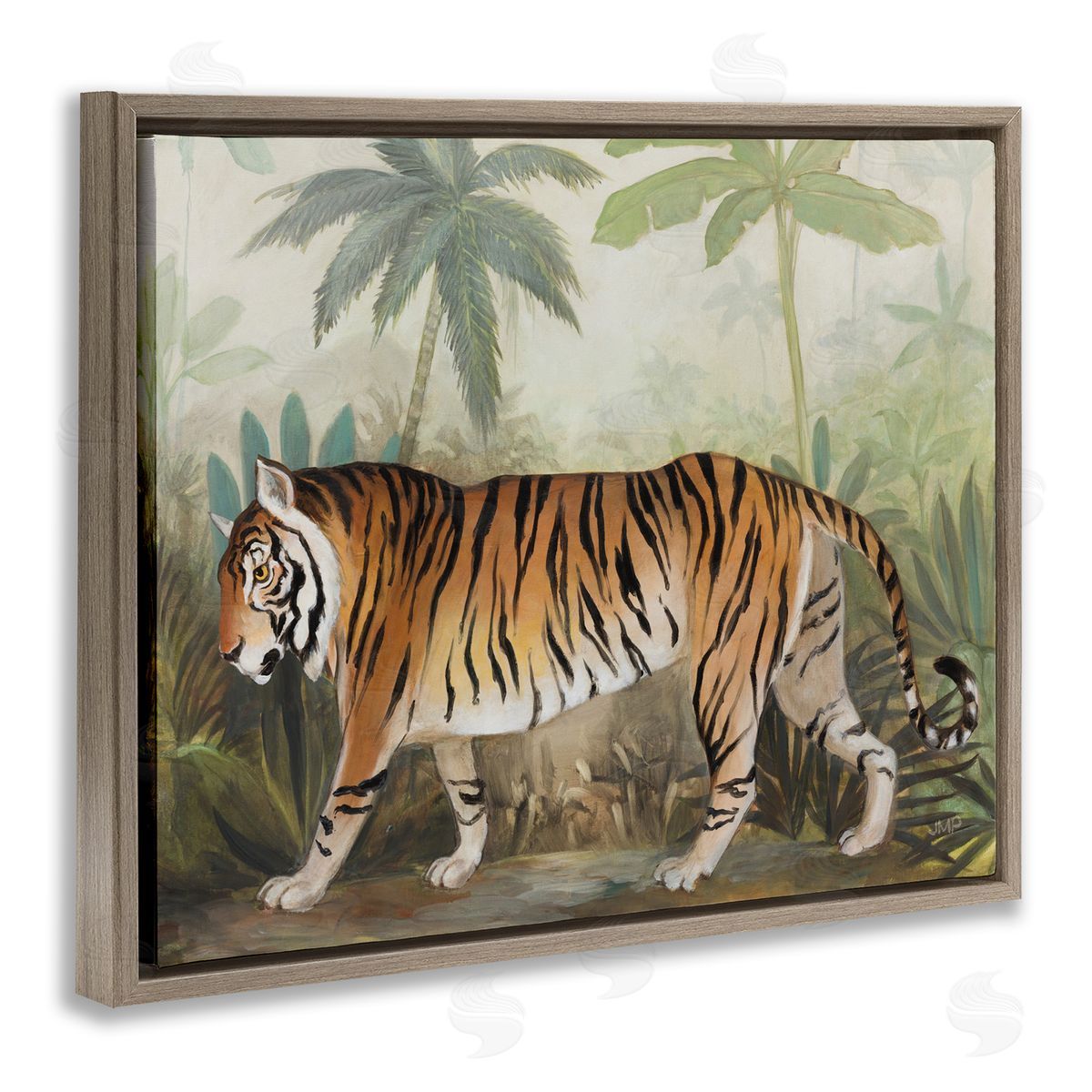 Prowling Tiger in Forest Brown Floating Frame Canvas Wall Art, Home Decor by Julia Purinton