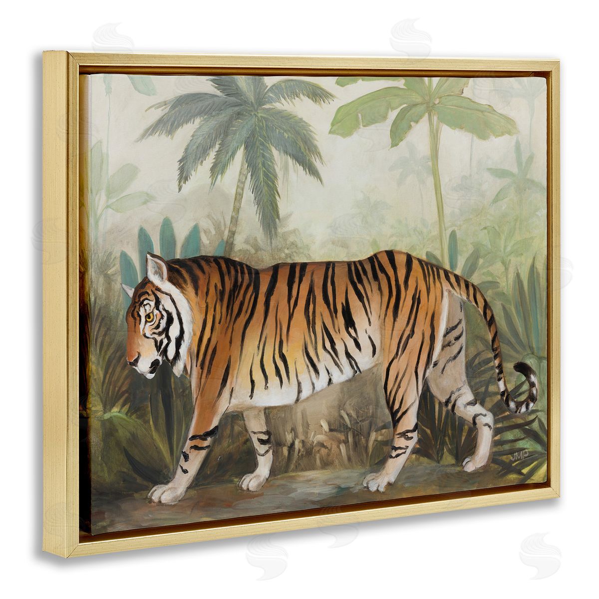 Prowling Tiger in Forest Gold Floating Frame Canvas Wall Art, Home Decor by Julia Purinton