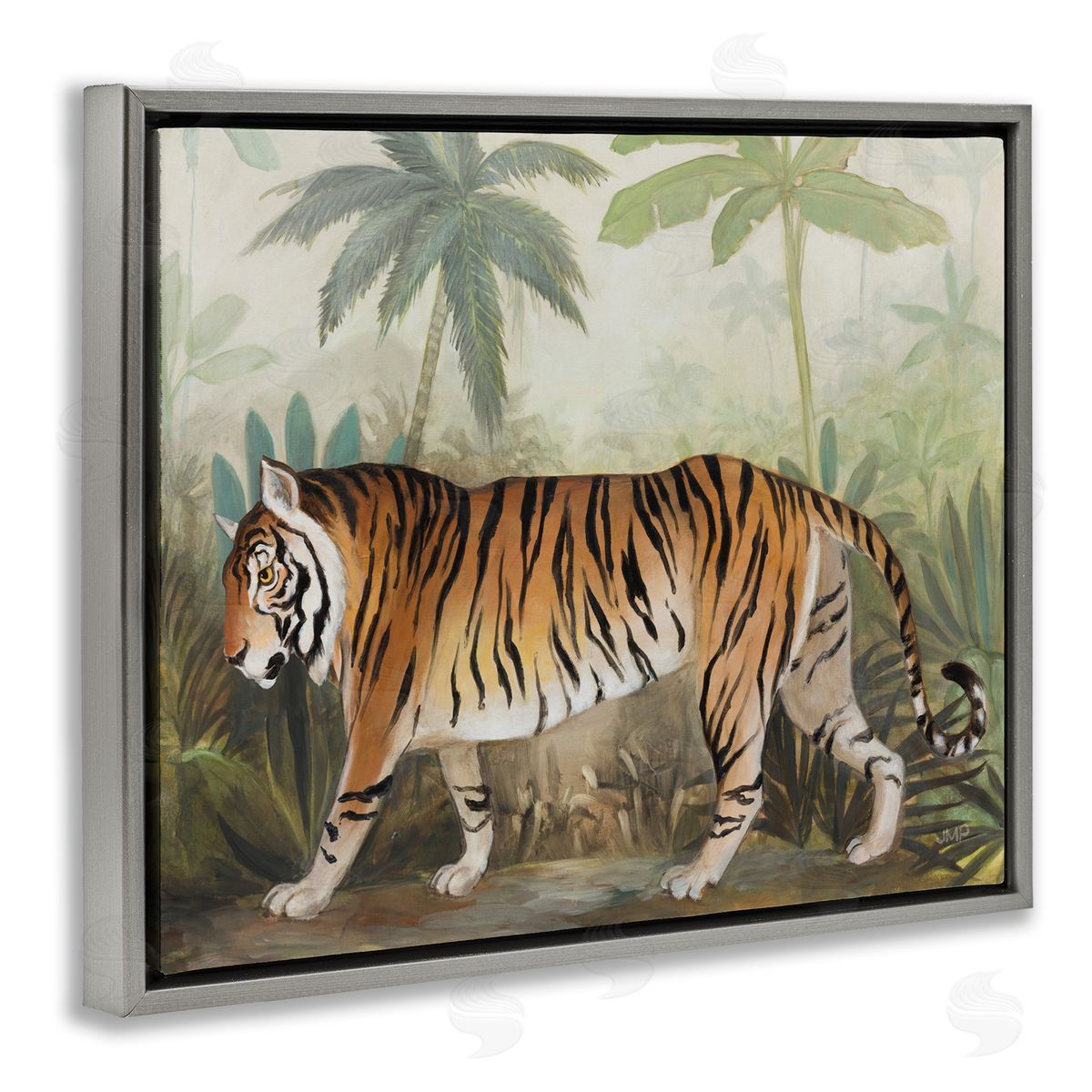 Prowling Tiger in Forest Grey Floating Frame Canvas Wall Art, Home Decor by Julia Purinton