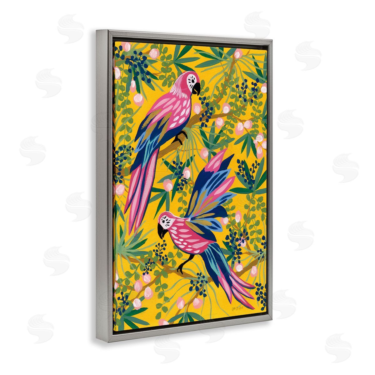 Maximalist Parrots Pattern Grey Floating Frame Canvas Wall Art, Home Decor by Yvette St. Amant