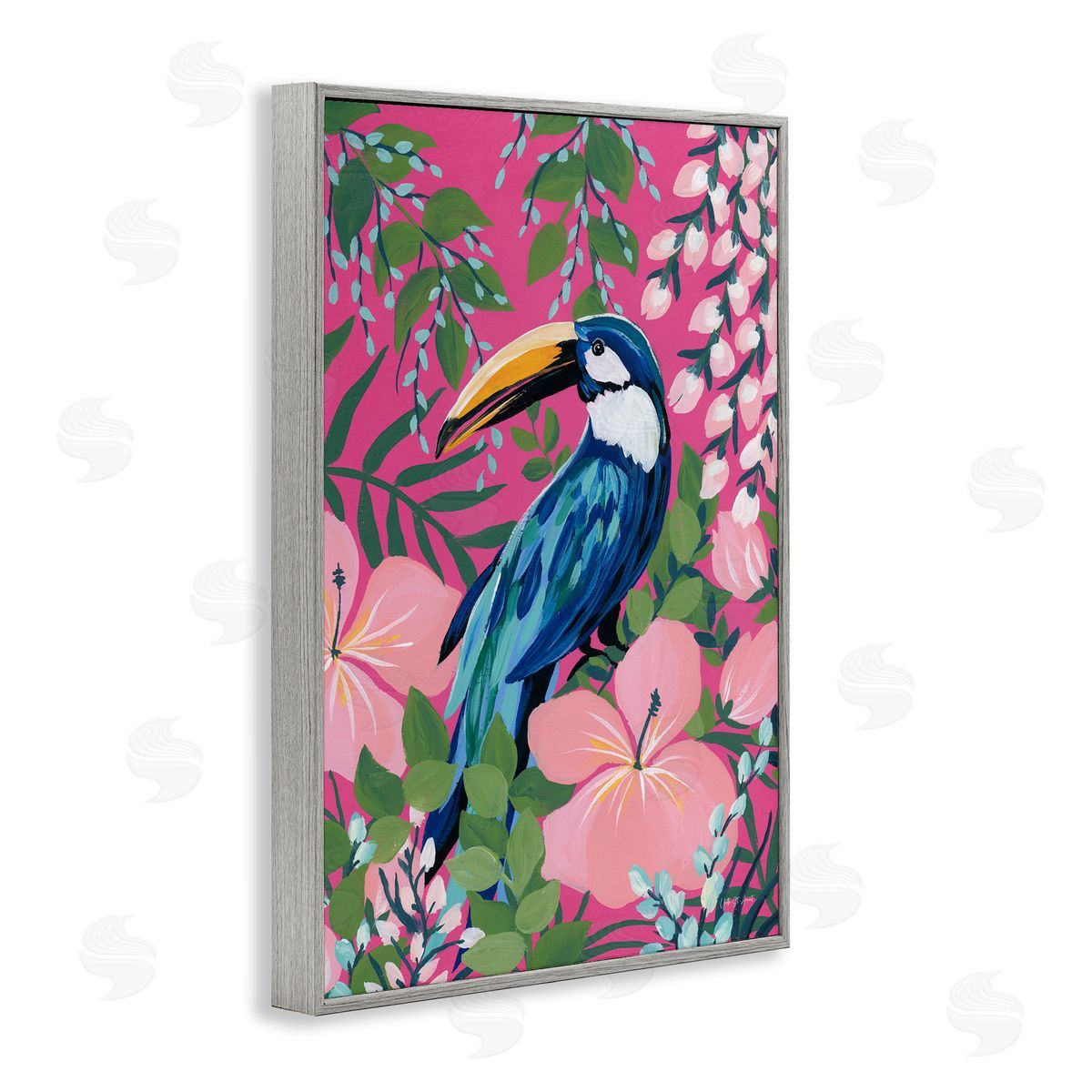 Maximalist Toucan Pattern Grey Frame Print Wall Art, Home Decor by Silvia Vassileva