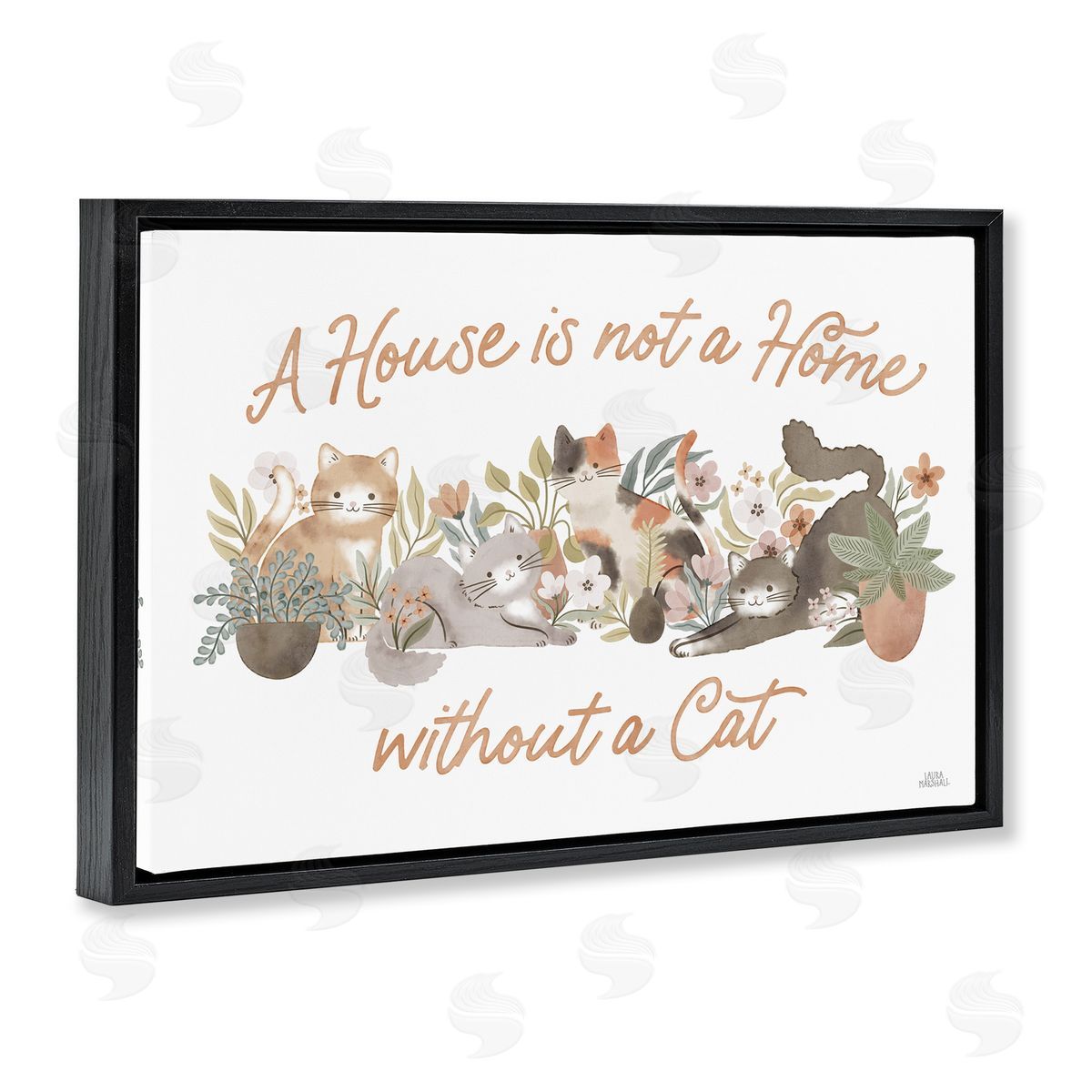 Cozy Cats and Plants Phrase Black Floating Frame Canvas Wall Art, Home Decor by Laura Marshall