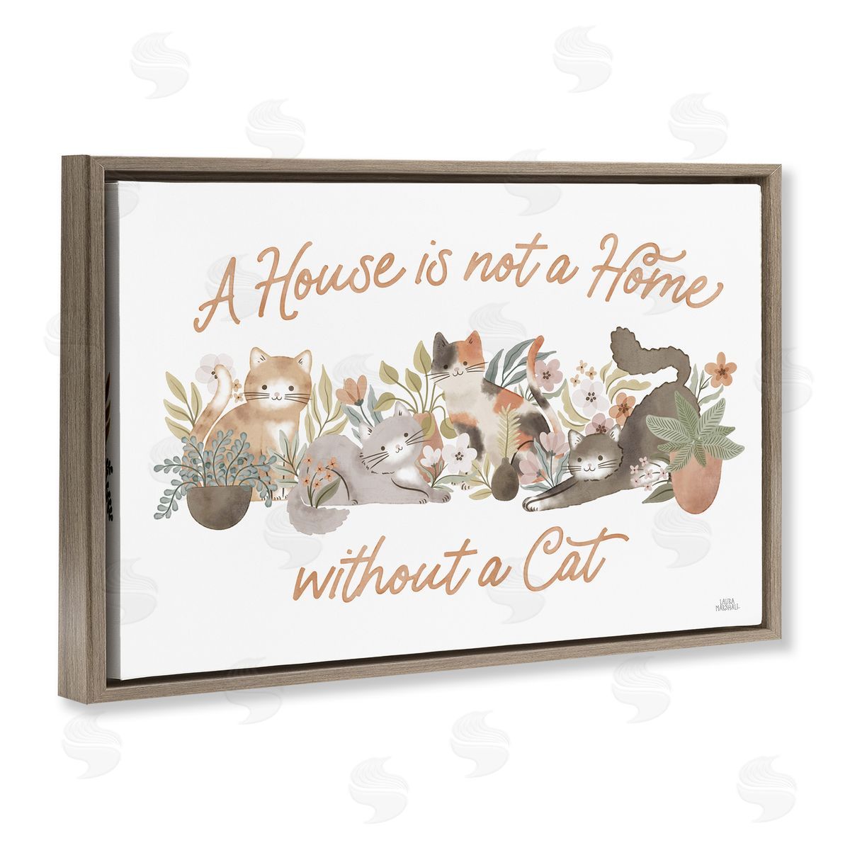 Cozy Cats and Plants Phrase Brown Floating Frame Canvas Wall Art, Home Decor by Laura Marshall