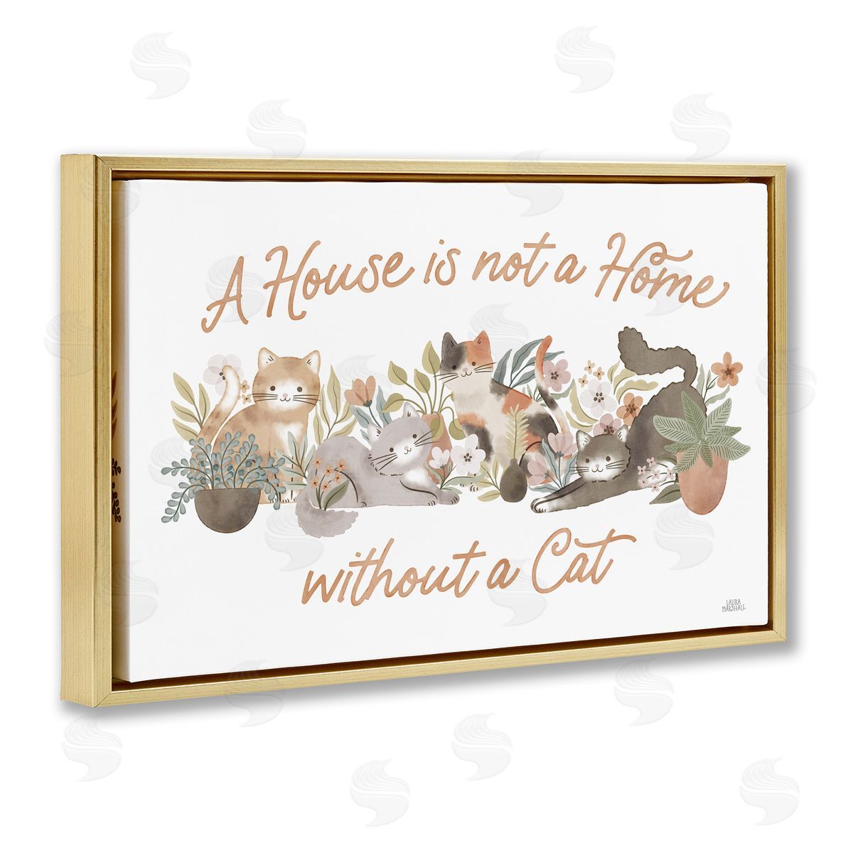 Cozy Cats and Plants Phrase Gold Floating Frame Canvas Wall Art, Home Decor by Laura Marshall