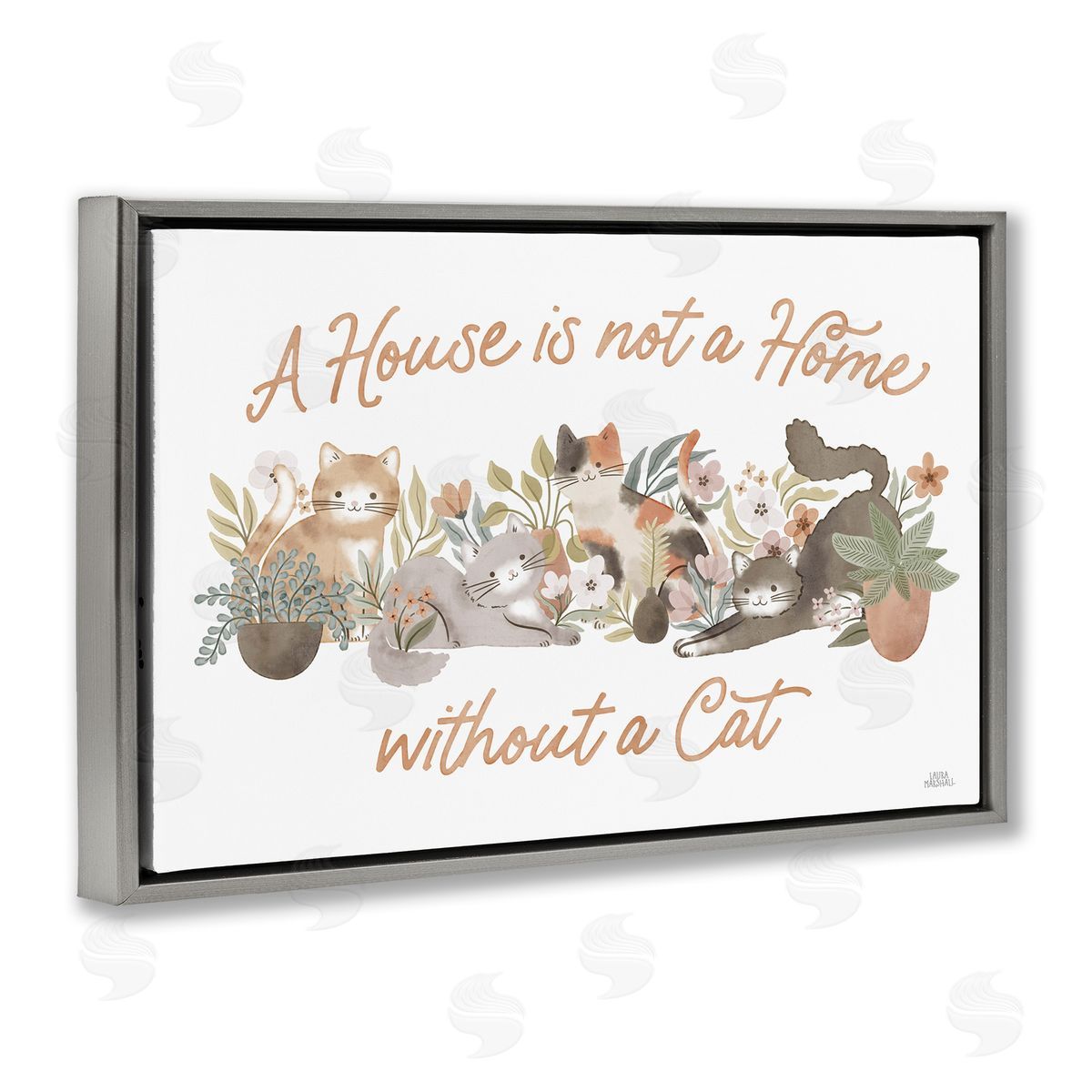 Cozy Cats and Plants Phrase Grey Floating Frame Canvas Wall Art, Home Decor by Laura Marshall