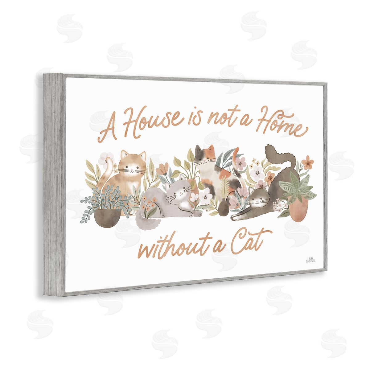 Cozy Cats and Plants Phrase Grey Frame Print Wall Art, Home Decor by Laura Marshall