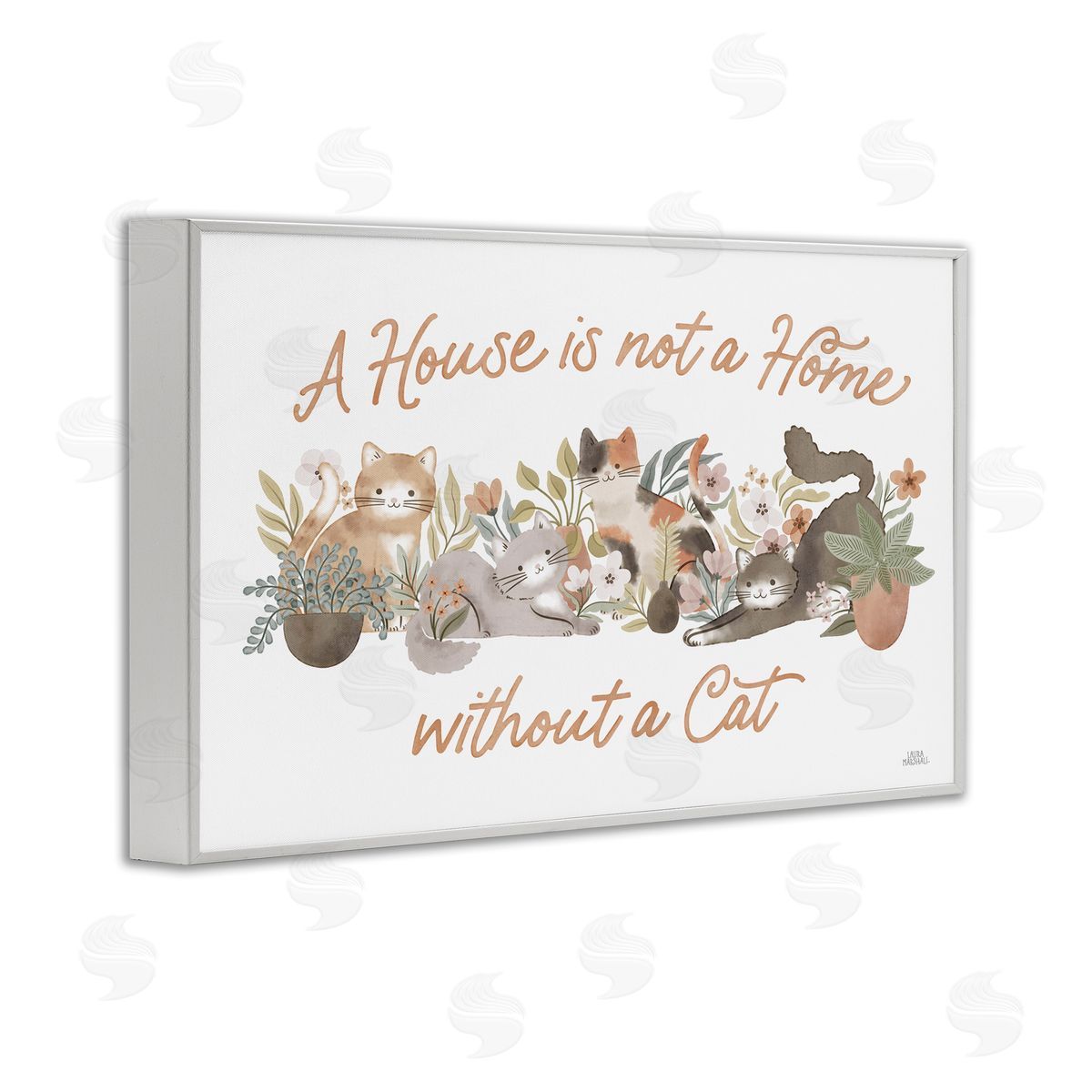 Cozy Cats and Plants Phrase White Frame Print Wall Art, Home Decor by Laura Marshall
