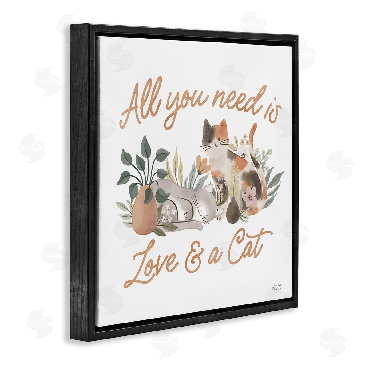 Love and A Cat Phrase Black Floating Frame Canvas Wall Art, Home Decor by Laura Marshall