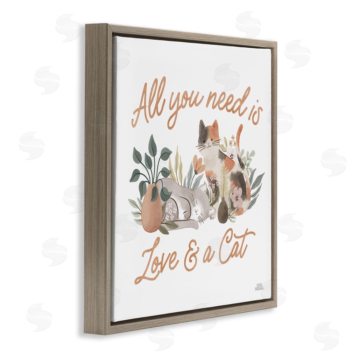 Love and A Cat Phrase Brown Floating Frame Canvas Wall Art, Home Decor by Laura Marshall