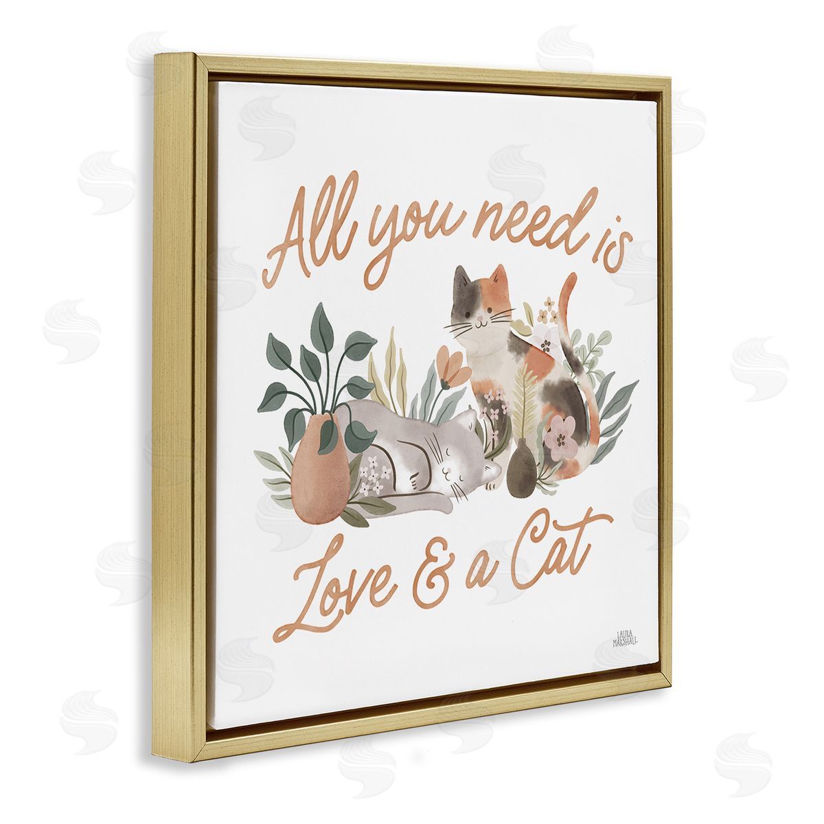 Love and A Cat Phrase Gold Floating Frame Canvas Wall Art, Home Decor by Laura Marshall
