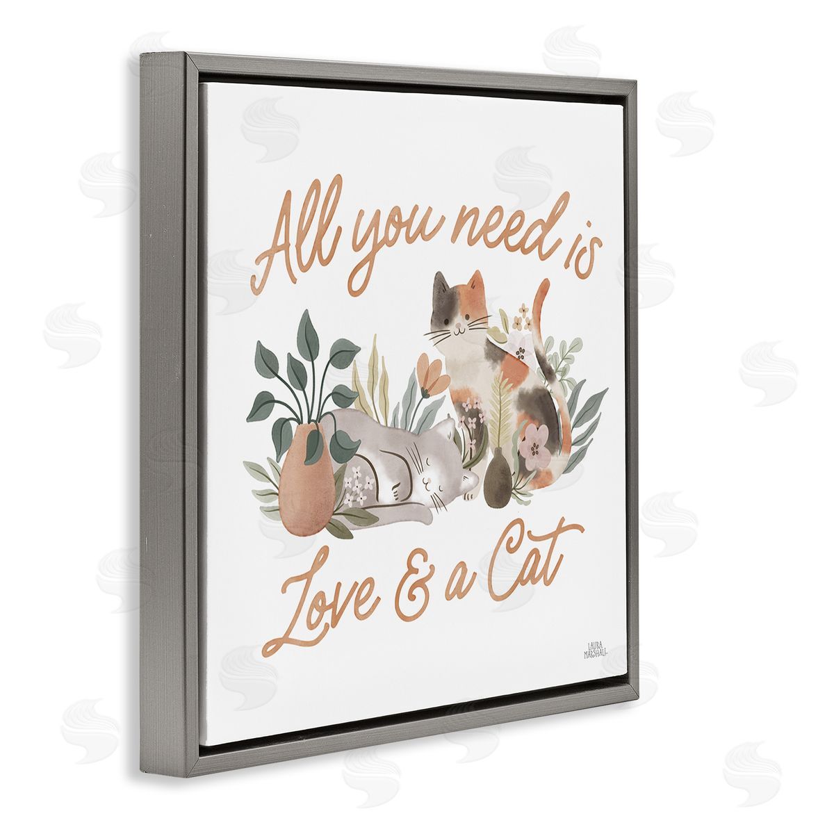 Love and A Cat Phrase Grey Floating Frame Canvas Wall Art, Home Decor by Laura Marshall