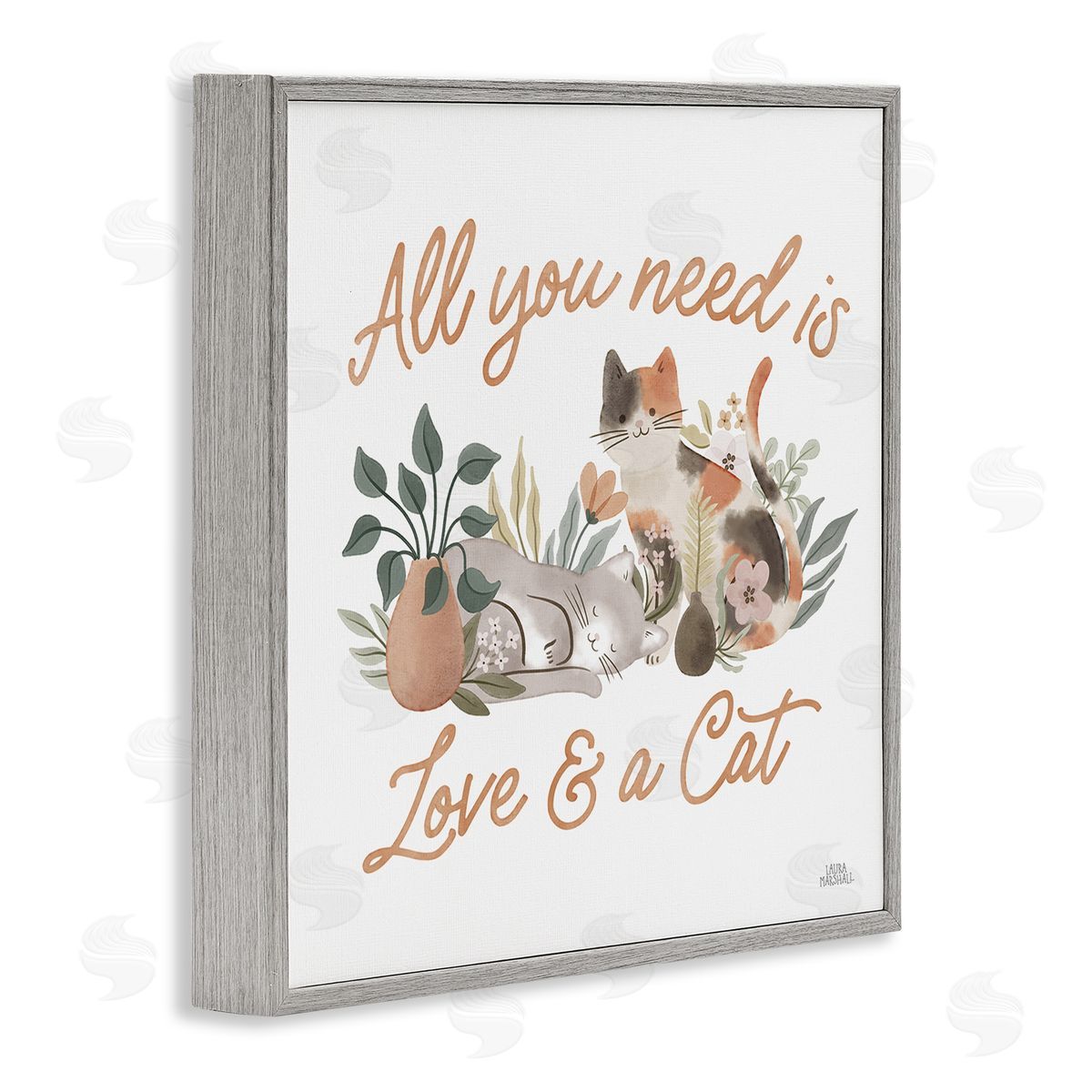 Love and A Cat Phrase Grey Frame Print Wall Art, Home Decor by Laura Marshall