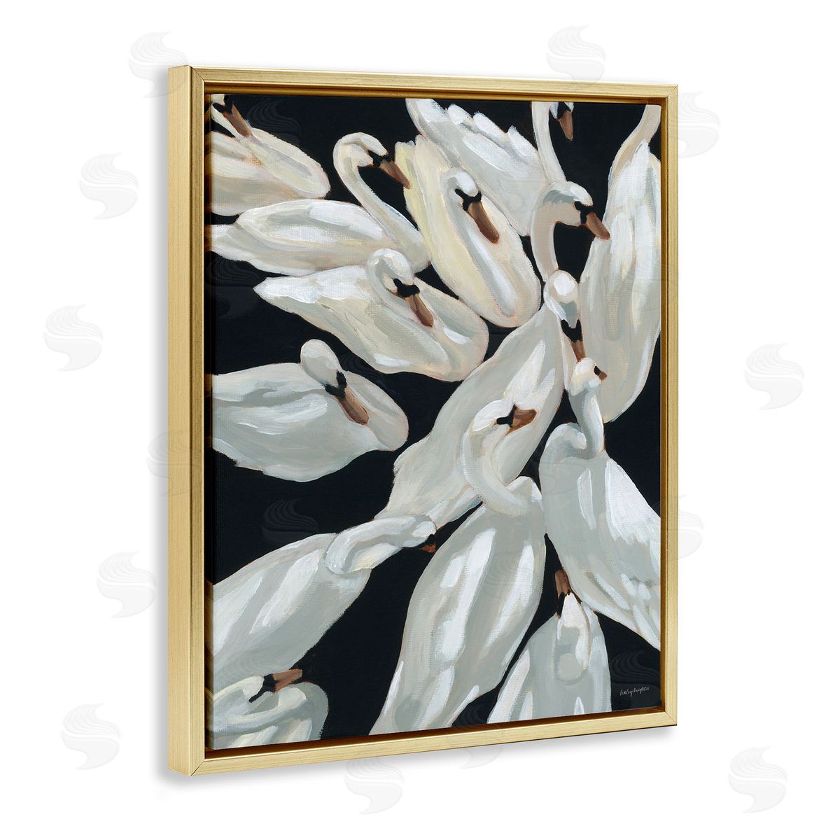 Gathered Swans Swimming Gold Floating Frame Canvas Wall Art, Home Decor by Haley Knighten