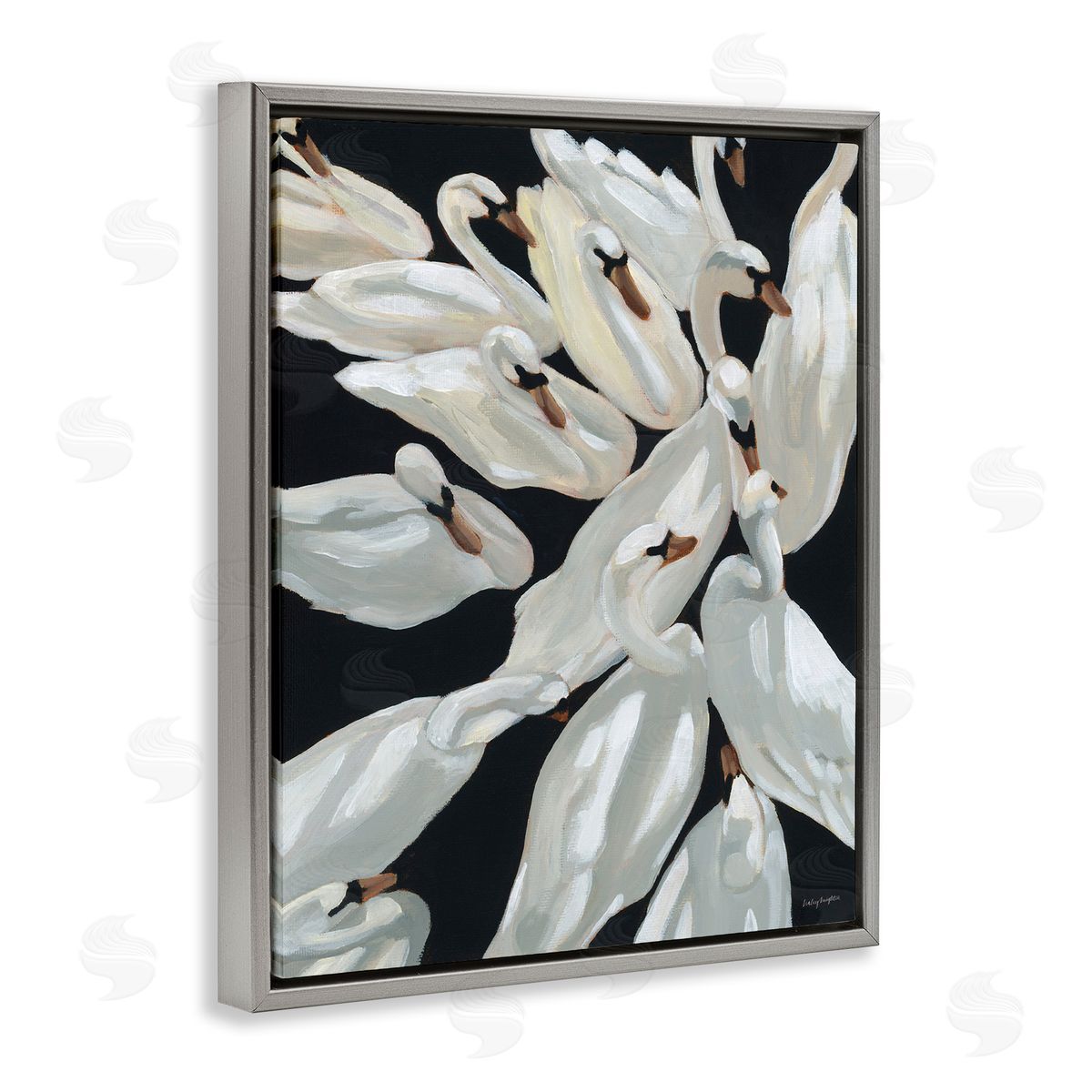 Gathered Swans Swimming Grey Floating Frame Canvas Wall Art, Home Decor by Haley Knighten